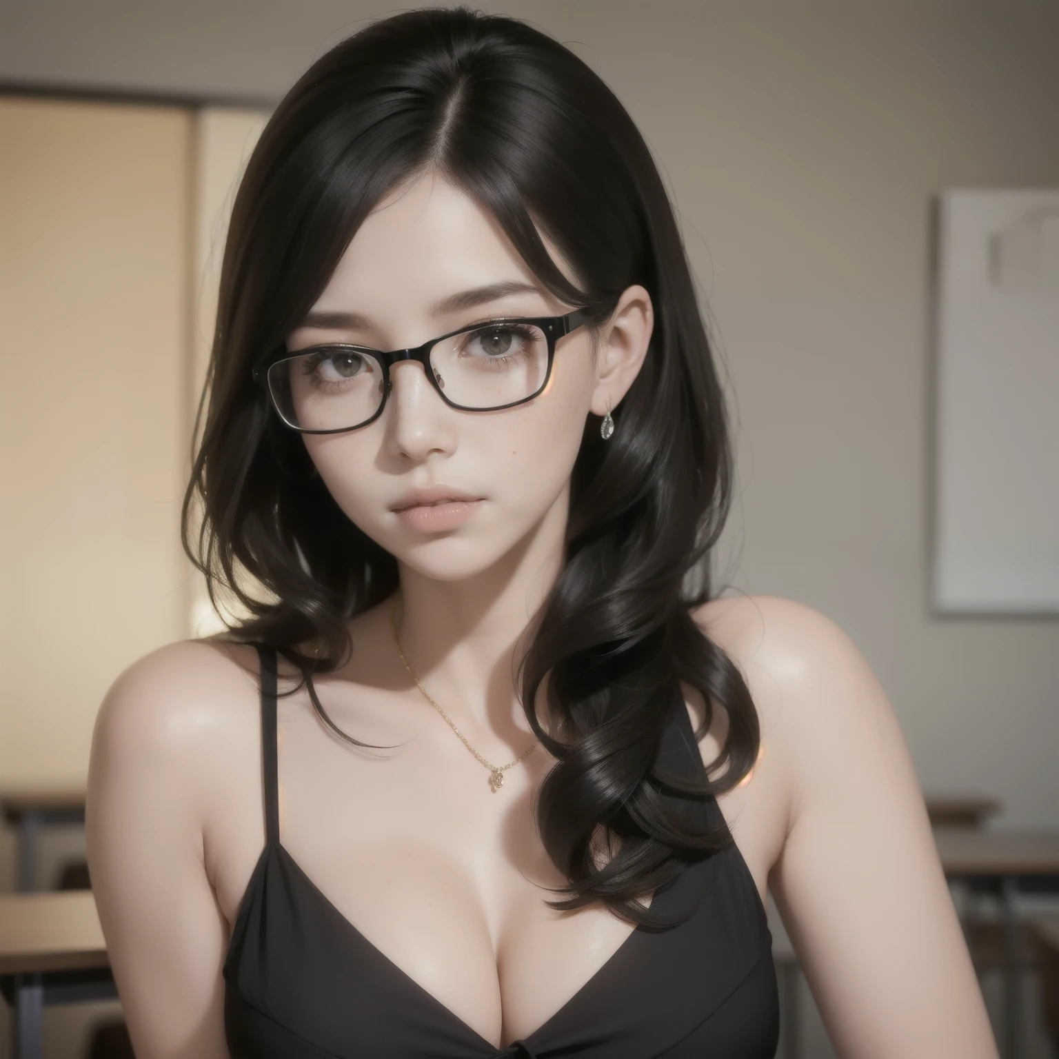 Beautiful woman, elegant woman, sexy woman, beautiful woman, short woman, black long curly hair, square face, square glasses, lots of freckles, perfect lips parted, blushing intensely, flustered, lustful, elegant dress, glow up, empty class room, pinned against the wall, making intense eye contact