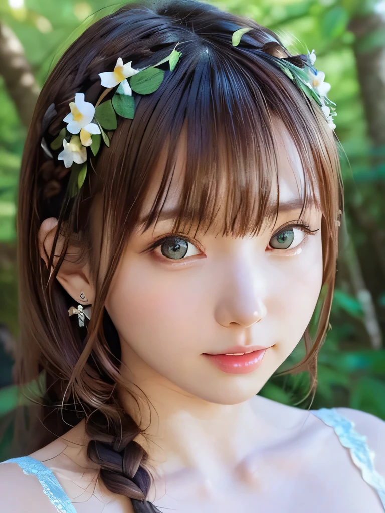 masterpiece, highest quality, 16K,enlightenment, Sax Blue, Green Earrings, green necklace, completely naked, 1 girl, cute, (dynamic lighting:1.2), cinematic lighting, delicate features, detailed eye, sharp pupils, realistic student, in the forest, Bokeh, sharp focus, (super detailed, bloom, shine:1.4), green eyes、brown hair、she is a tree fairy、forest background、in the forest、headband、naked、twin tails、Now naked、green eyes、upper body close-up、completely naked、nipple、