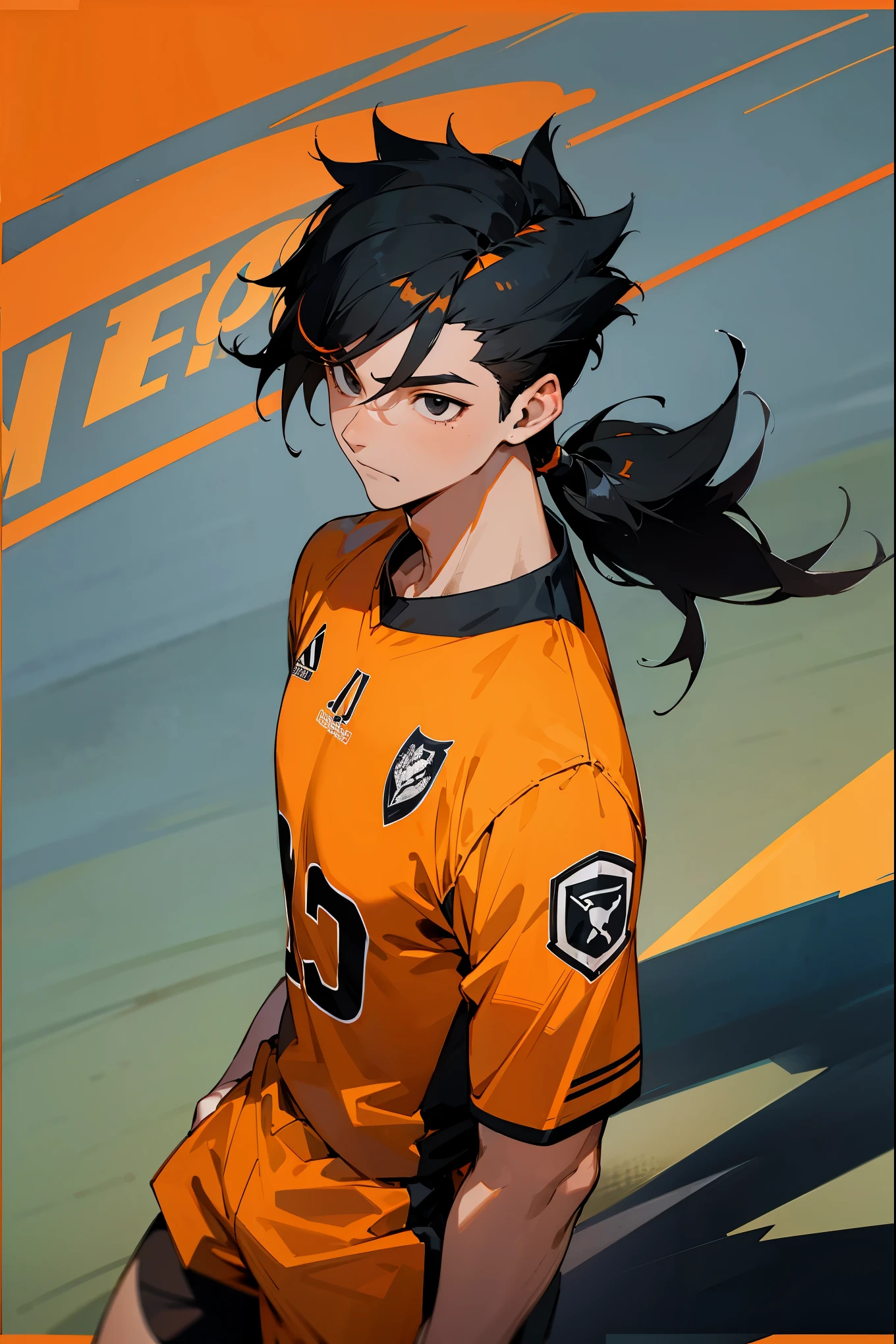 1male, black hair, mullet burst fade, black eyes, orange highlights, soccer jersey, soccer field background, detailed background, standing on path