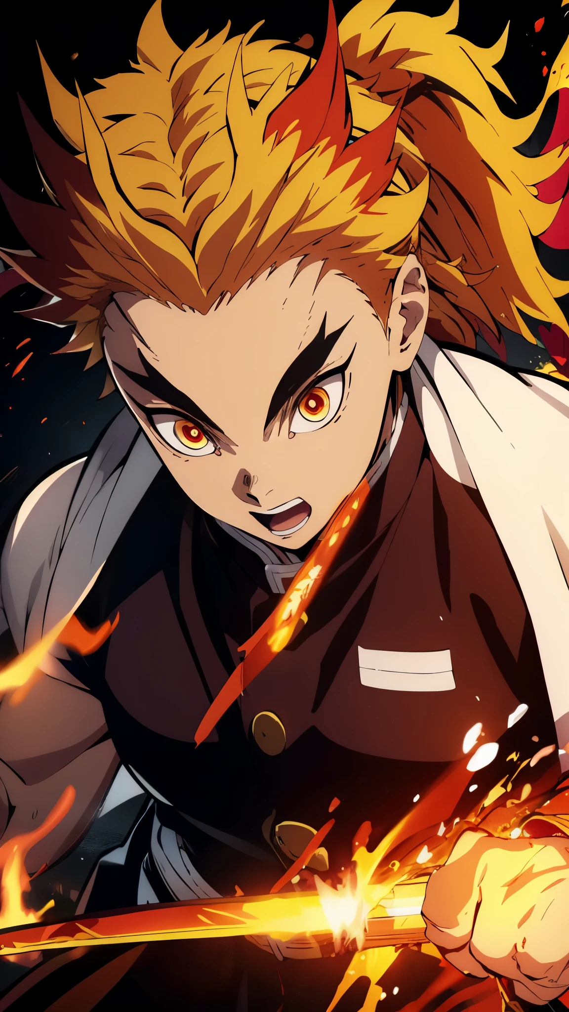 rengoku with a katana in his hand, flames and slashes of yellow and orange fire are all around, determinated face, ultra high quality picture, beautiful face, beautiful hands, beautiful katana