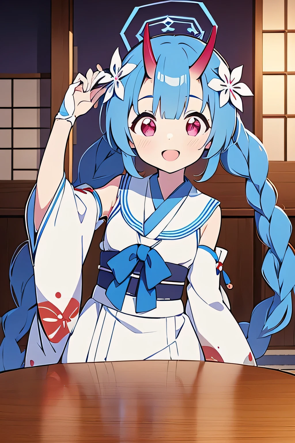 waraku chise, blue hair, sidelocks, twin braids, long braids, hair flower, red eyes, halo, oni horns, japanese clothes, short kimono, sleeveless, detached sleeves, blue bow, obi, geta, tabi, white sailor collar, bridal gauntlets, mastepiece, 8k resolutions, upper body, super happy, sit pose