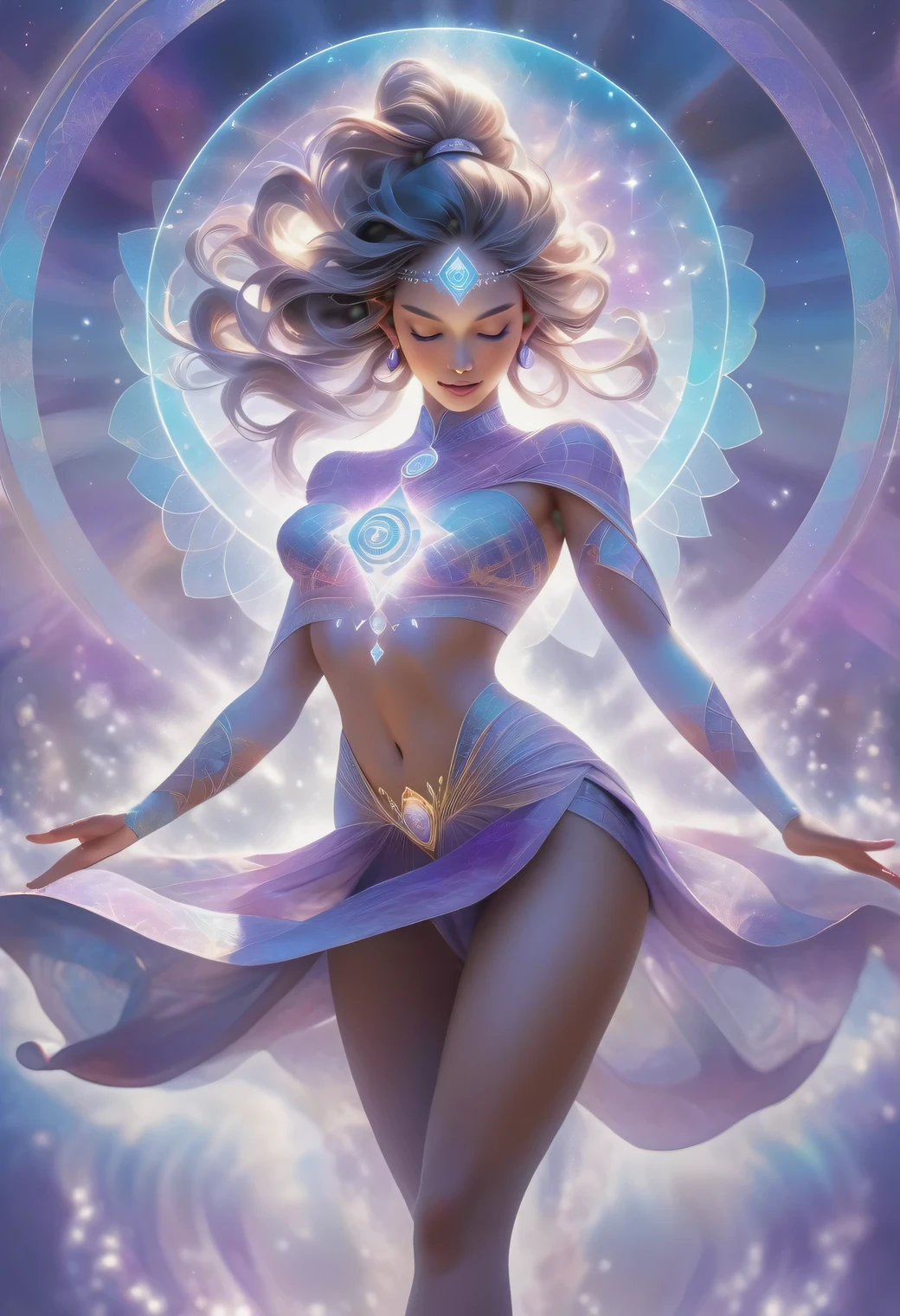 (best quality,ultra-detailed,realistic:1.5),1woman,action shot,(dynamic pose:1.6),(standing on a magical crystal), activating third eye,Ajna chakra activation,Sixth chakra,a diamond-like lotus of two petals,fractals,psychedelic,special effects,pale purple hues,mandala, The woman is wearing layered highly detailed clothes with zentangle patterns, spiritual vision,divine connection,consciousness expansion,serene atmosphere,cosmic dance,subtle energy,pure bliss,(extremely exotic nature background:1.37),divine light,enhanced perception,elevated consciousness,inner transformation,divine guidance,beautiful intricate patterns,pure positive energy,spiritual awakening,depth of meditation,vibrant aura,transcendence into higher realms, art by mooncryptowow, sacred geometry,synchronicity with the universe,inner harmony,sacred vibrations,universal knowledge,sense of oneness,limitless possibilities,expanded awareness,lucid dreamlike state.