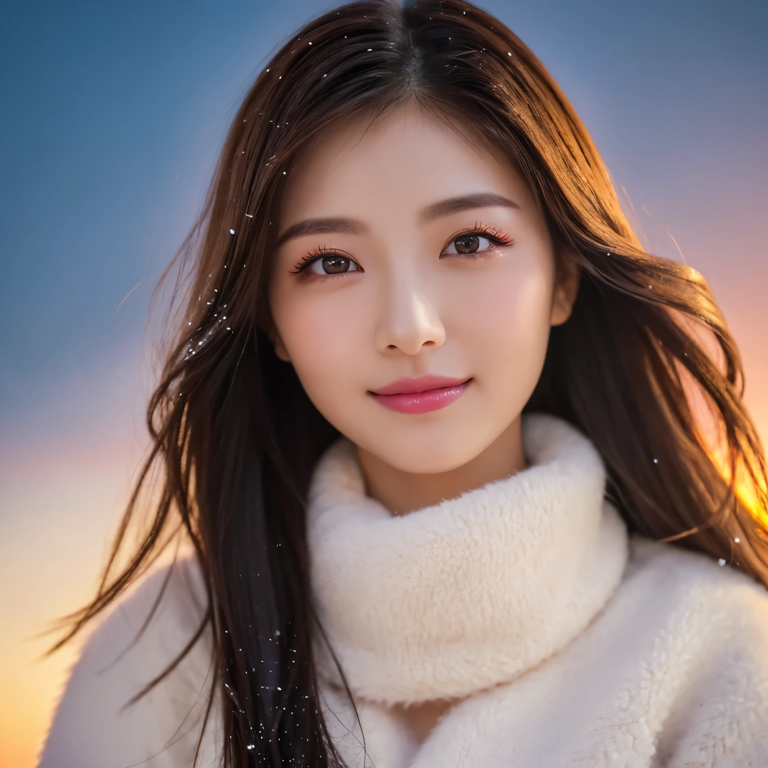 (highest quality、table top、8K、best image quality、Award-winning work)、1 girl、close up of face、smile looking at me、thick coat、Fur hood、perfect and most natural muffler、(frozen snow field in winter:1.1)、Icy ground、(romantic sunset:1.2)、(fantastic starry sky:1.2)、(星空とsunset:1.1)、(It's snowing:1.1)、(Tyndall effect:1.1)、sunset、epic movie lighting、(accurate anatomy:1.1)、Ultra high definition beauty face、long eyelashes、natural makeup、ultra high definition hair、ultra high resolution eyes、(Beautiful skin that shines in ultra-high resolution:1.1)、Super high resolution glossy lips