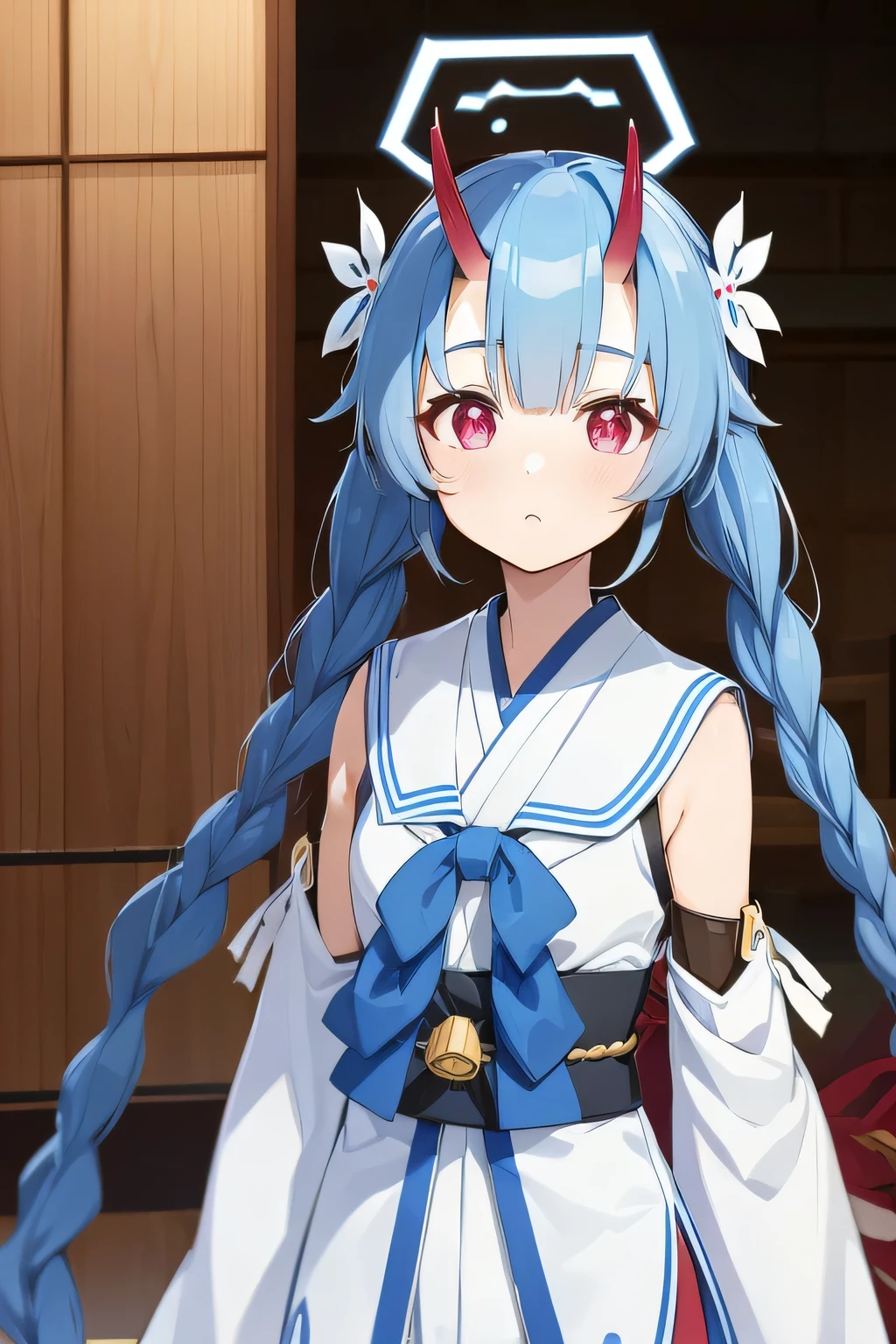 waraku chise, blue hair, sidelocks, twin braids, long braids, hair flower, red eyes, halo, oni horns, japanese clothes, short kimono, sleeveless, detached sleeves, blue bow, obi, geta, tabi, white sailor collar, bridal gauntlets, mastepiece, 8k resolutions, upper body