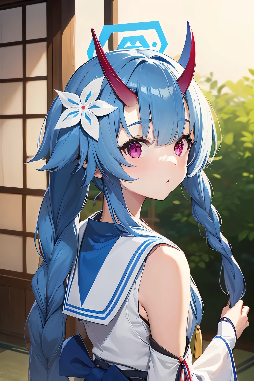 waraku chise, blue hair, sidelocks, twin braids, long braids, hair flower, red eyes, halo, oni horns, japanese clothes, short kimono, sleeveless, detached sleeves, blue bow, obi, geta, tabi, white sailor collar, bridal gauntlets, mastepiece, 8k resolutions, upper body