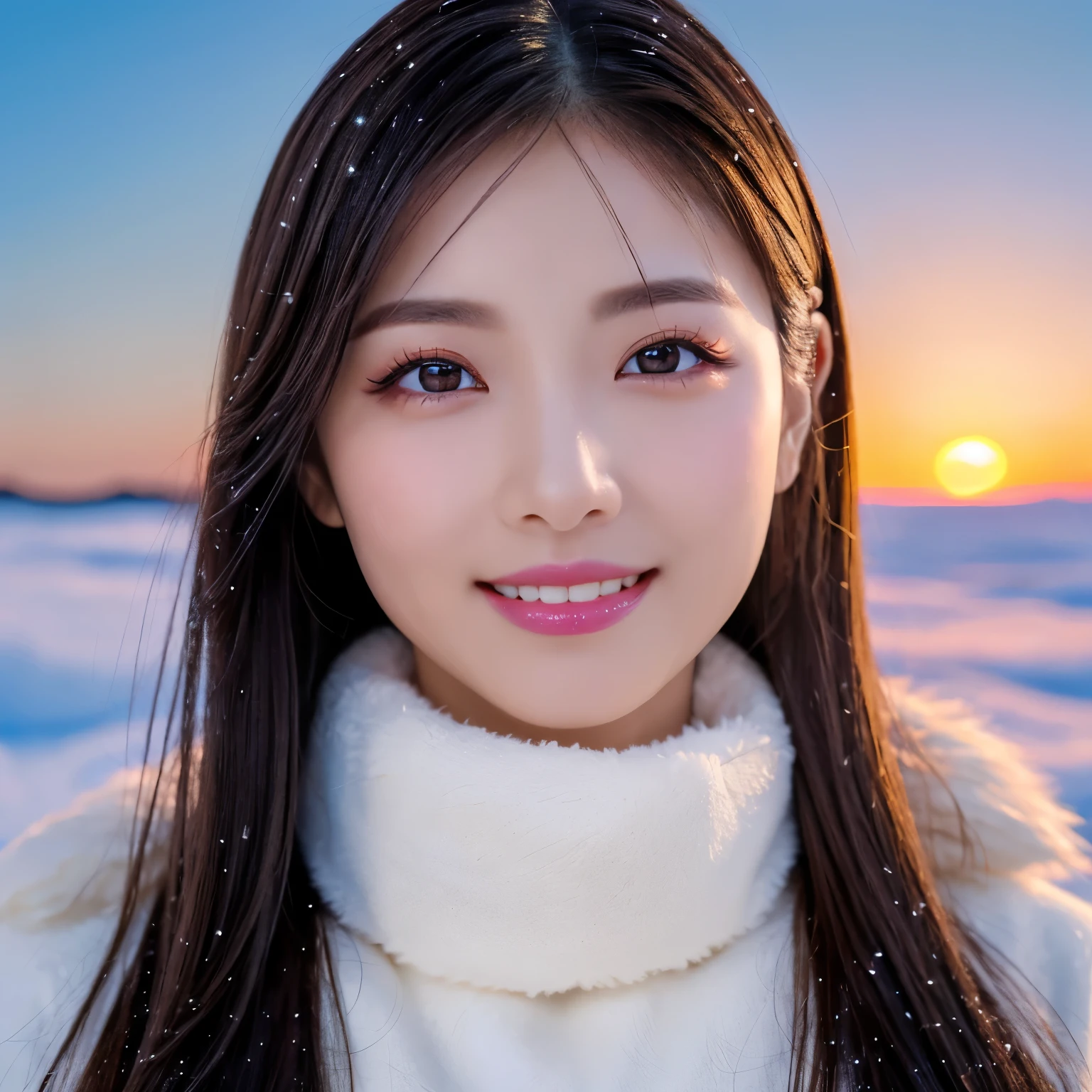 (highest quality、table top、8K、best image quality、Award-winning work)、1 girl、close up of face、smile looking at me、thick coat、Fur hood、perfect and most natural muffler、(frozen snow field in winter:1.1)、Icy ground、(romantic sunset:1.2)、(fantastic starry sky:1.2)、(星空とsunset:1.1)、(It's snowing:1.1)、(Tyndall effect:1.1)、sunset、epic movie lighting、(accurate anatomy:1.1)、Ultra high definition beauty face、long eyelashes、natural makeup、ultra high definition hair、ultra high resolution eyes、(Beautiful skin that shines in ultra-high resolution:1.1)、Super high resolution glossy lips