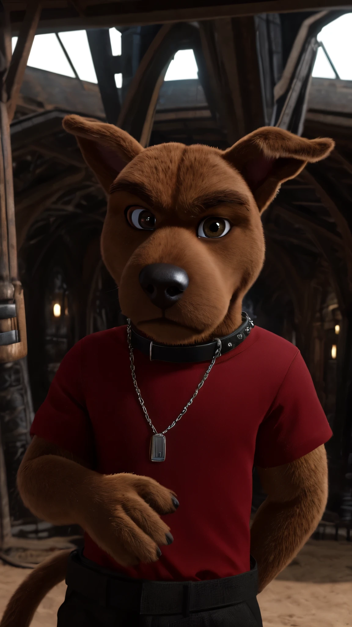 Scooby Doo alone in a random place a bunch of retards there in the background looking at the viewer angry and irritated wearing a black jacket a red t-shirt and long pants Green this disgrace was made with the help of Unreal Engine 5 a super big dog detailed ultimate realistic photorealism