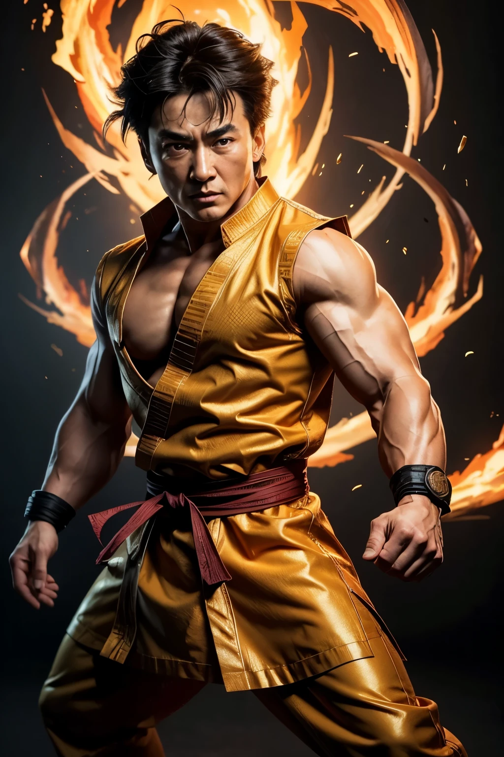 RAW, Best quality, high resolution, Masterpiece: 1.3), Realistic Jackie Chan look-alike of Goku

Masterpiece: 1.3, A stunningly realistic portrayal of Jackie Chan transfigured into the likeness of the legendary anime character, Goku.

Realistic, 1man, Jackie Chan, Goku look-alike, facial features, detailed, chiseled jawline, defined cheekbones, piercing eyes, expressive eyebrows, muscular build, authentic martial arts outfit, textured hair, intricately designed influences from both Jackie Chan and Goku's distinct styles.

Martial arts master,