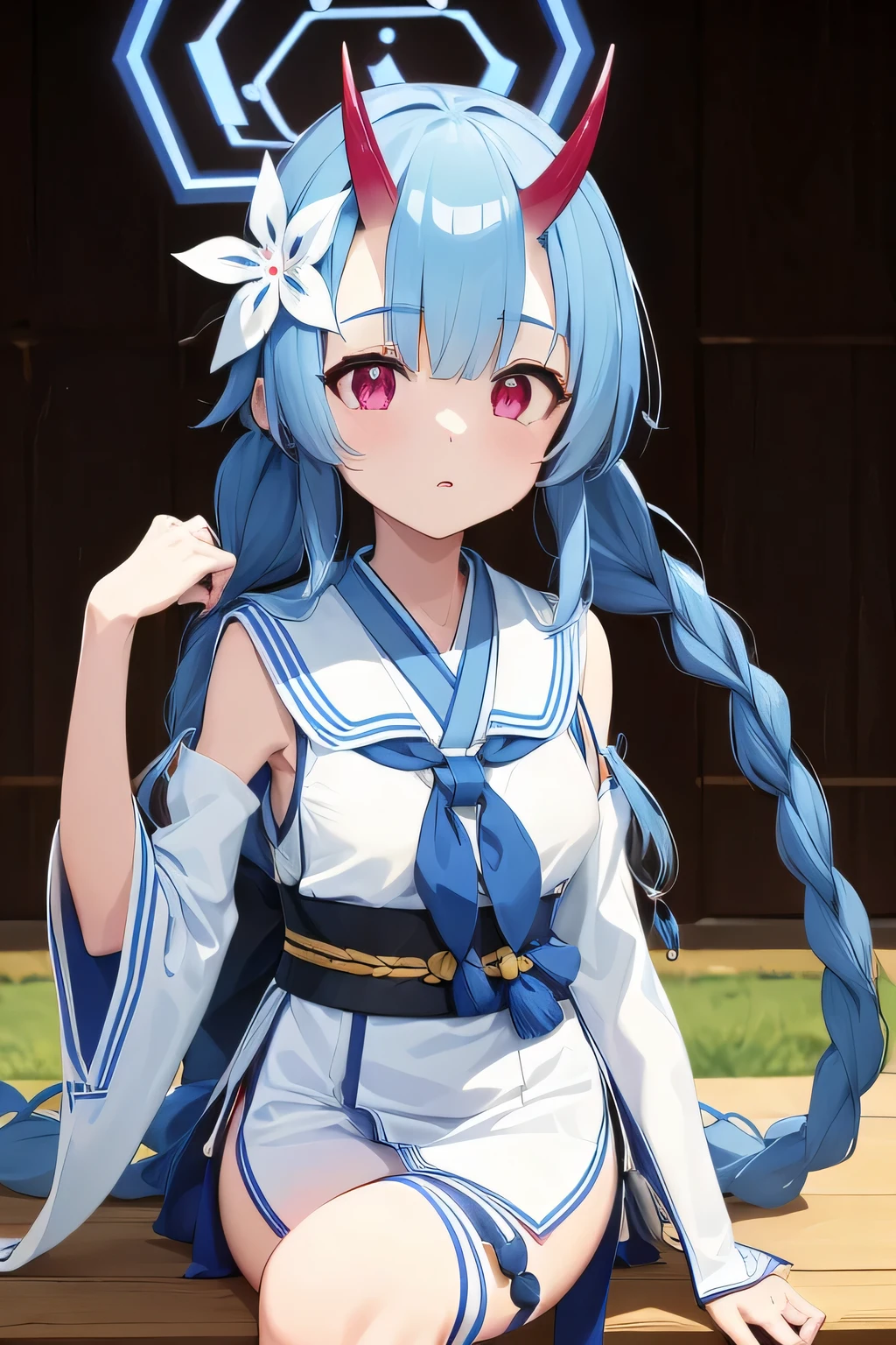 waraku chise, blue hair, sidelocks, twin braids, long braids, hair flower, red eyes, halo, oni horns, japanese clothes, short kimono, sleeveless, detached sleeves, blue bow, obi, geta, tabi, white sailor collar, bridal gauntlets, mastepiece, 8k resolutions, upper body, super happy, sit pose