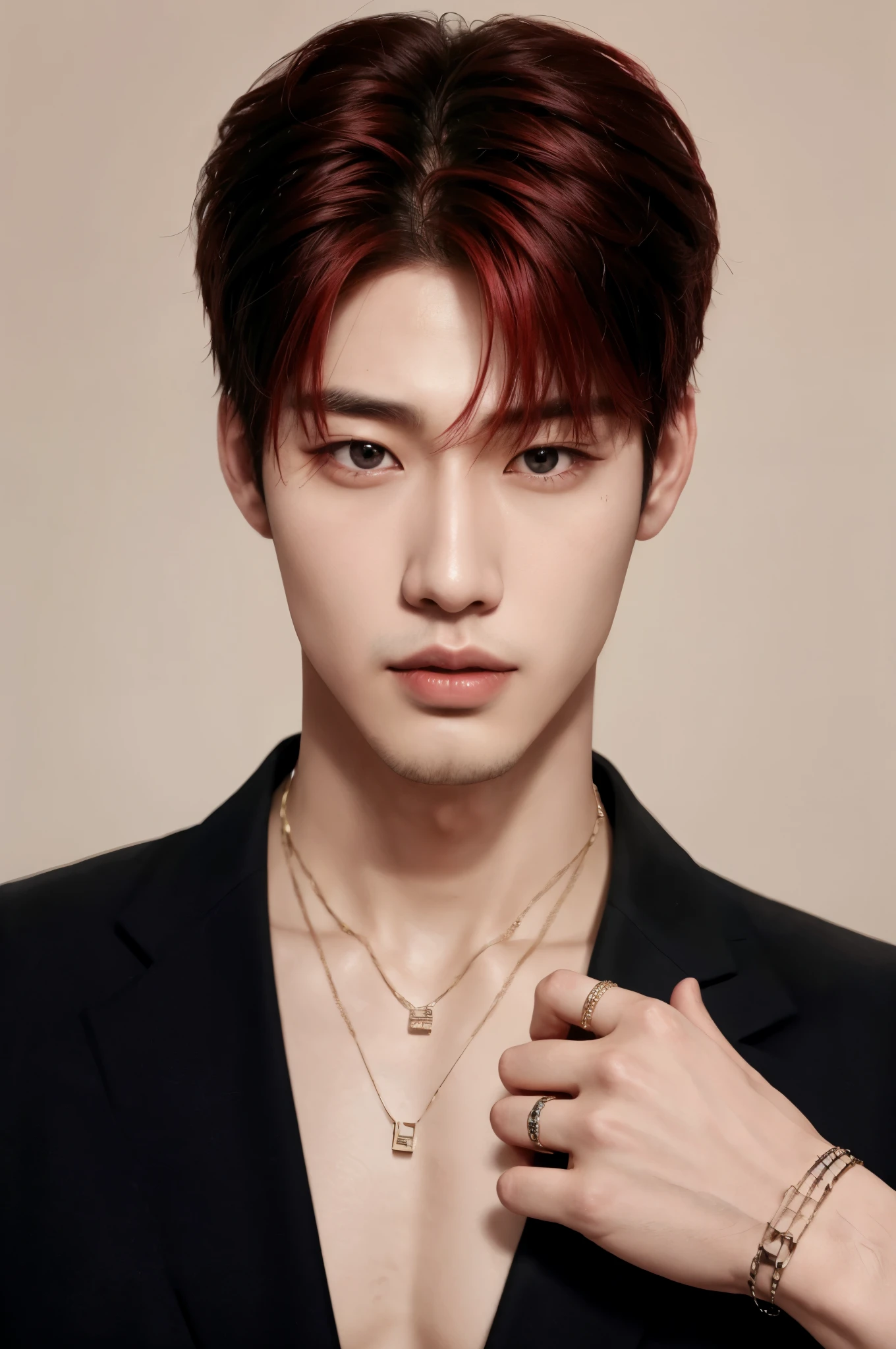 Arafed Asian man with red hair and black shirt., Cai Xu Kun, Jung Jaehyun, hyung tae, kpop idol portrait, inspirado por Zhang Han, jinyoung shin, quien es siwoo, inspirado en Yanjun Cheng, kim taejin, Won Bin Lee, inspirado en Kim Deuk-sin, pintar ulzzang, steven jung, Hong June Hyung