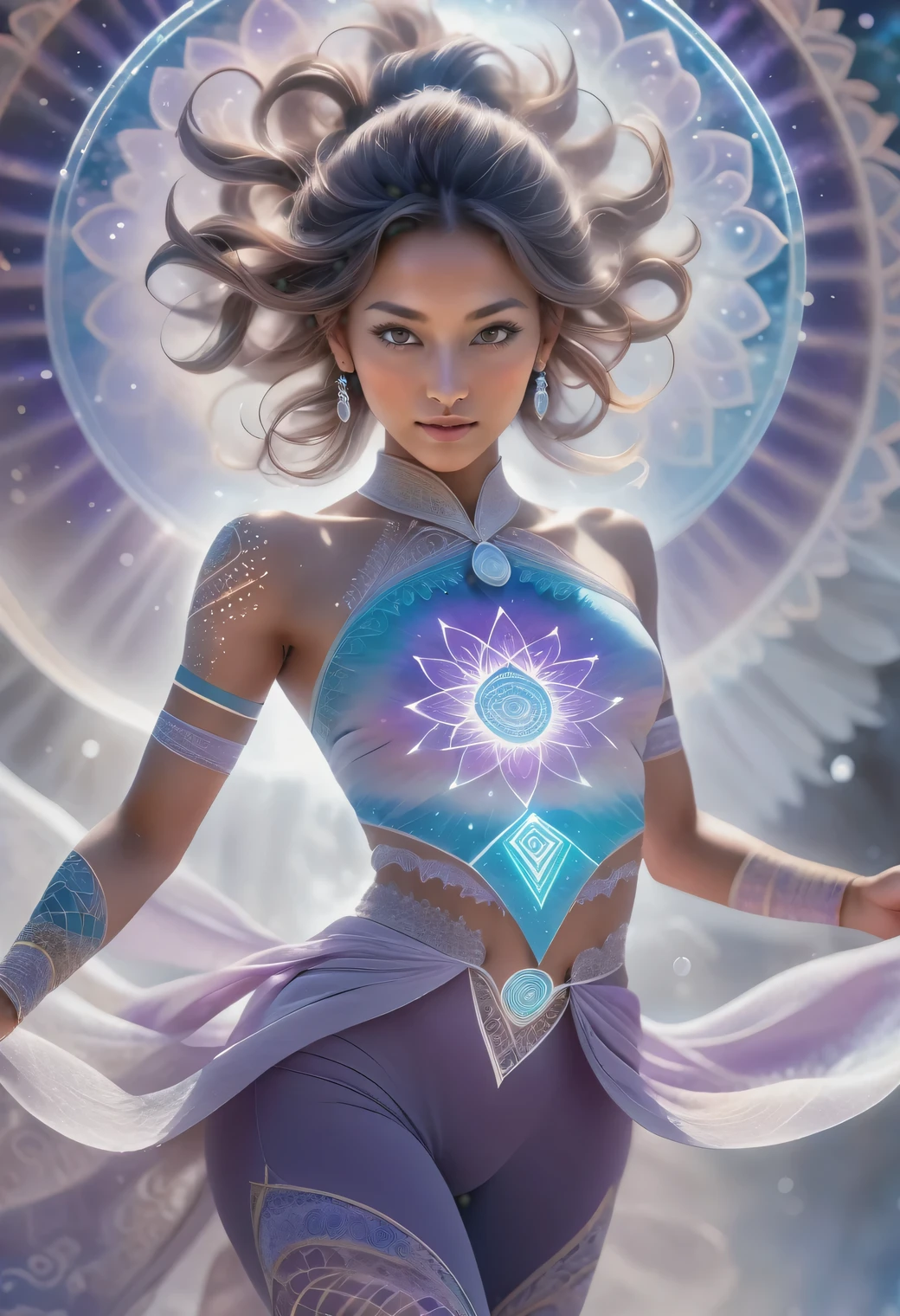 (best quality,ultra-detailed,realistic:1.5),1woman,jpn-girl,action shot,(dynamic pose:1.6),(standing on a magical crystal:1.4), (activating third eye),Ajna chakra activation,Sixth chakra,a diamond-like lotus of two petals,fractals,psychedelic,special effects,pale purple hues,mandala, The woman is wearing layered highly detailed clothes with zentangle patterns, spiritual vision,divine connection,consciousness expansion,serene atmosphere,cosmic dance,subtle energy,pure bliss,(extremely exotic nature background:1.37),divine light,enhanced perception,elevated consciousness,inner transformation,divine guidance,beautiful intricate patterns,pure positive energy,spiritual awakening,depth of meditation,vibrant aura,transcendence into higher realms, art by mooncryptowow, sacred geometry,synchronicity with the universe,inner harmony,sacred vibrations,universal knowledge,sense of oneness,limitless possibilities,expanded awareness,lucid dreamlike state.