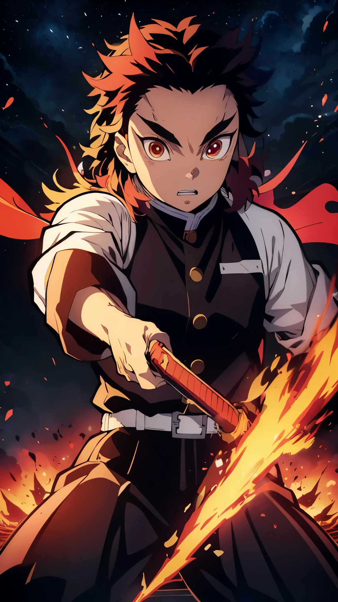 kamado tanjiro witha katana in his hand, flames and slashes of blue and red fire are all around, determinated face, ultra high quality picture, beautiful face, anime, ufotable style