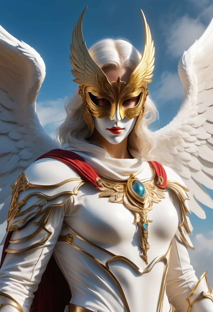 The archangel wearing a white mask is stunningly beautiful, Elden Ring, Hematogenous, full body portrait, sharp lens, Professional photography, 70mm lens, Meticulous love, high quality, Unreal Engine 5, wallpaper, rich and colorful, Very detailed, 8K, soft light, Realistic photos