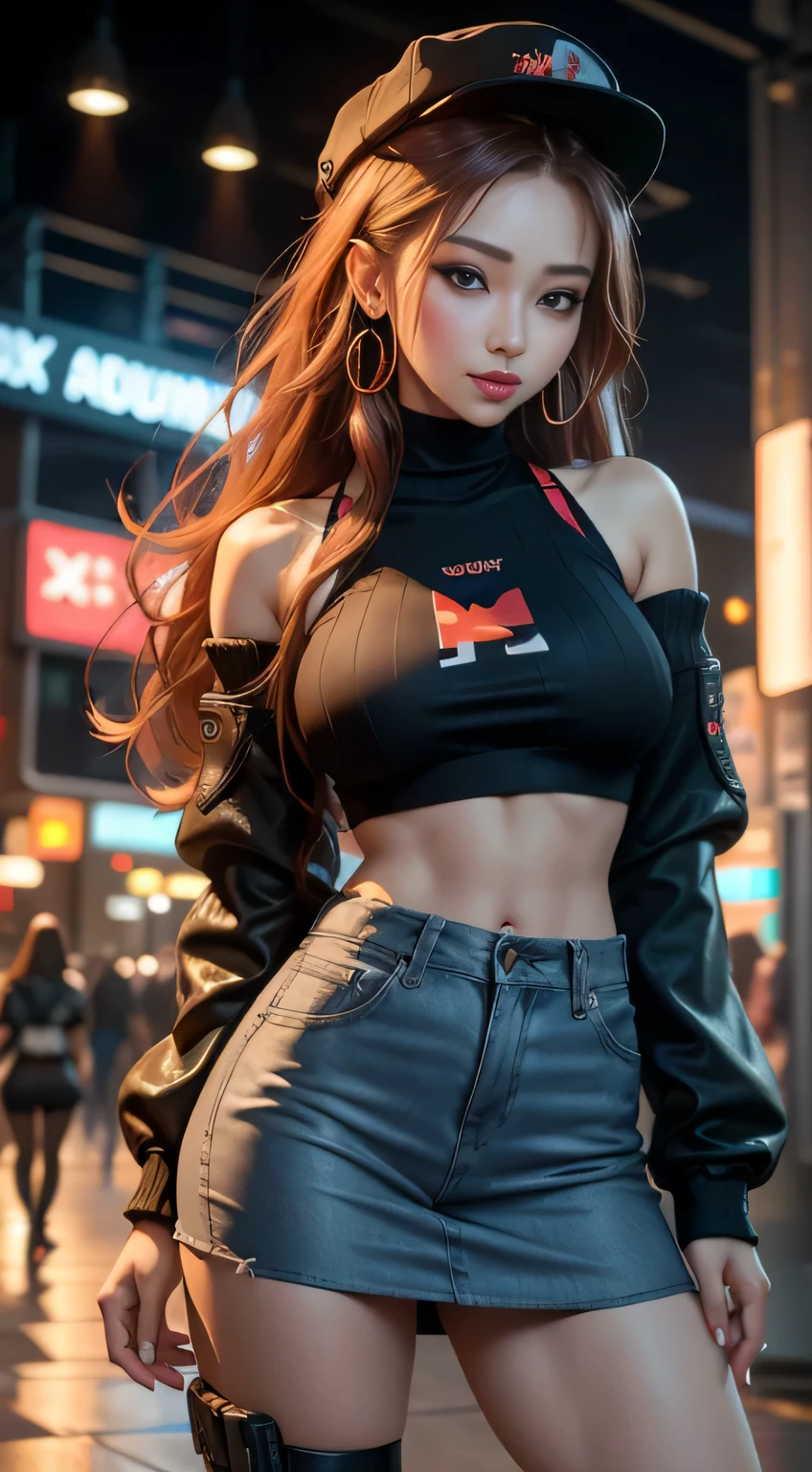 1girll, big breasts beautiful, pervert smirk, Wear a red hat, 耳Nipple Ring, Red camouflage, Red sweatshirt, red-skinny pants, long whitr hair, brown hair, mascara, nose lips, standing on your feet, midriff, navy, 耳Nipple Ring, (Realistis:1.5), cyber punk perssonage, neon city, neonlight, 3D, CGI, White sclera, with brown eye