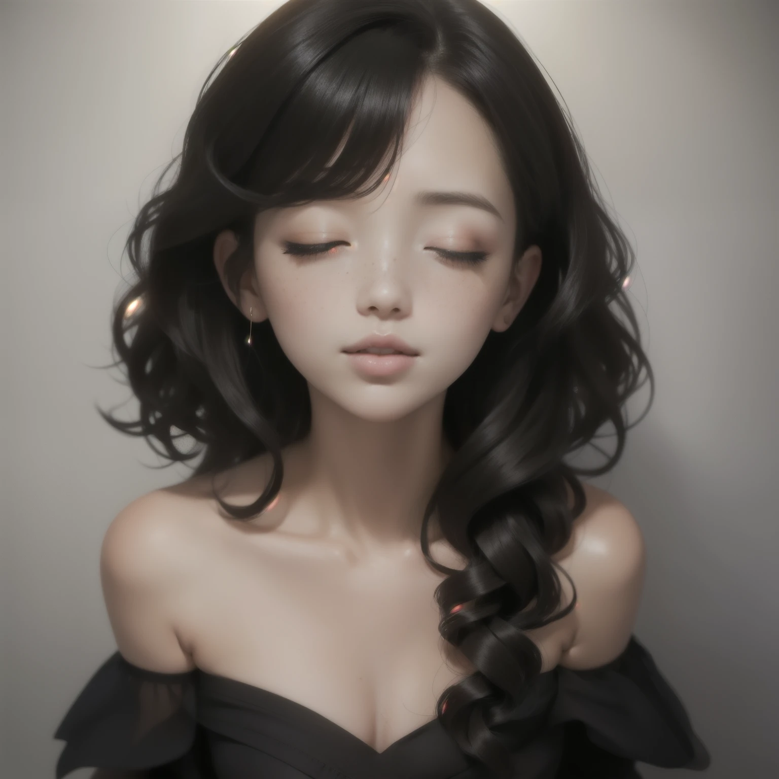 Beautiful woman, elegant woman, sexy woman, beautiful woman, short woman, black long curly hair, square face, lots of freckles, perfect lips parted, blushing intensely, flustered, lustful, elegant dress, off shoulder dress, bare shoulders, glow up, empty class room, pinned against the wall