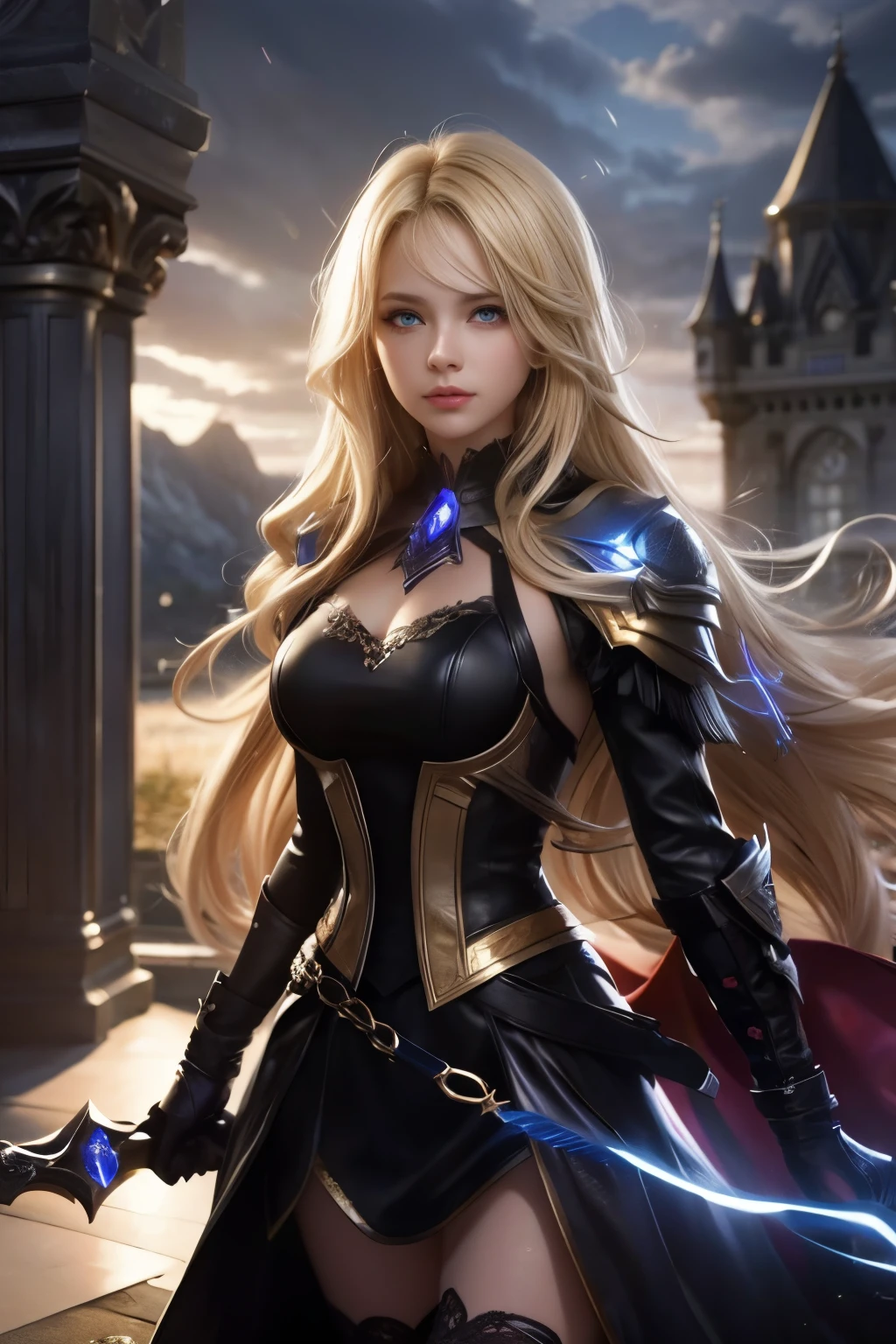 (extremely detailed CG unity 8k wallpaper,masterpiece, best quality, ultra-detailed),(best illumination, best shadow, an extremely delicate and beautiful),floating,high saturation,blonde hair+blue eyes:1.2,gloomy gothic scenery, long hair, gaze into the distance. (A beautiful girl with long blonde hair and blue eyes sparkling gothic lighting)