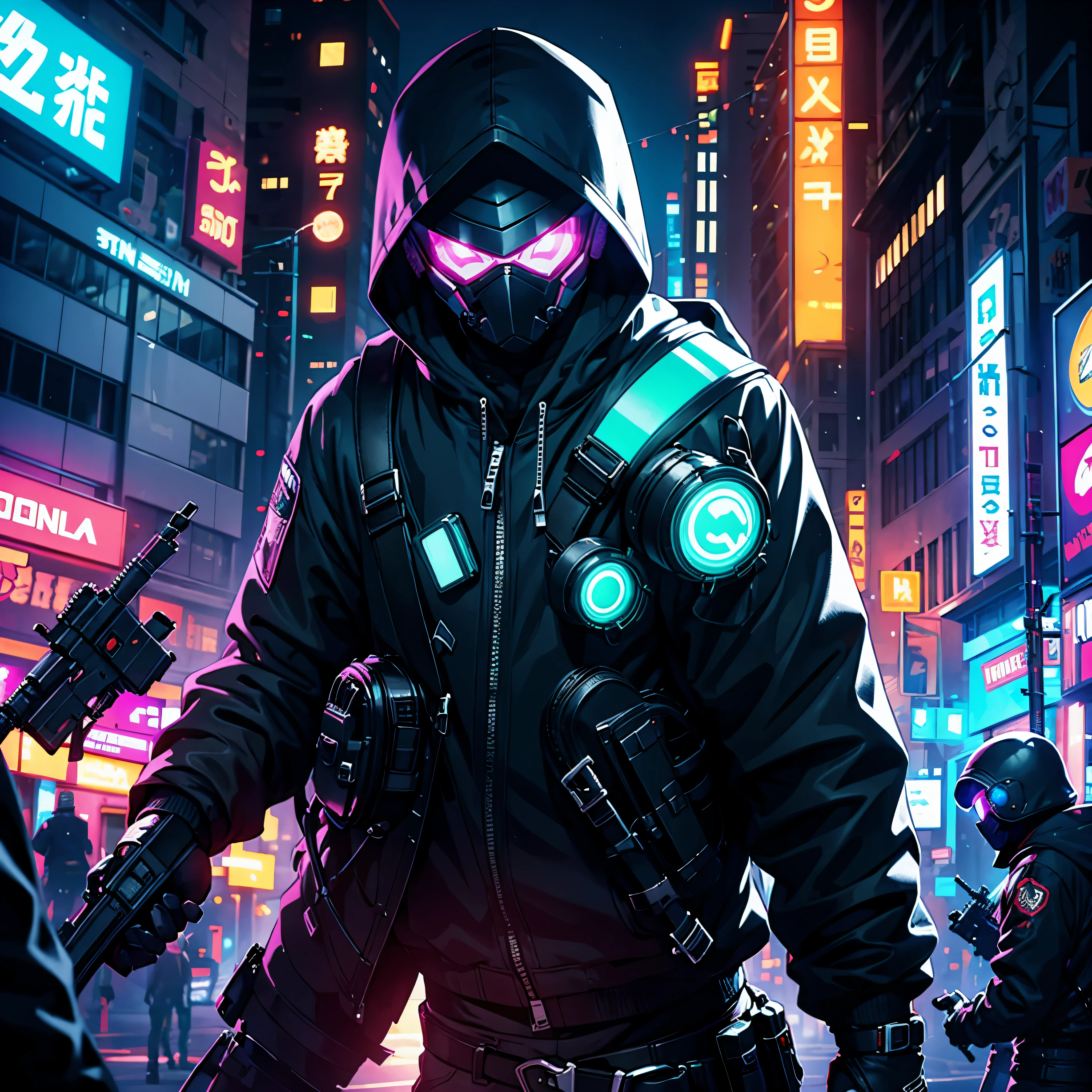 Ciberpunks, neon, 1 chico, duende, neon hair, neon eyes, cabello corto, chaqueta de cuero negro,rifle de francotirador, encapucharse, furtivo, mascarilla,safety glasses,