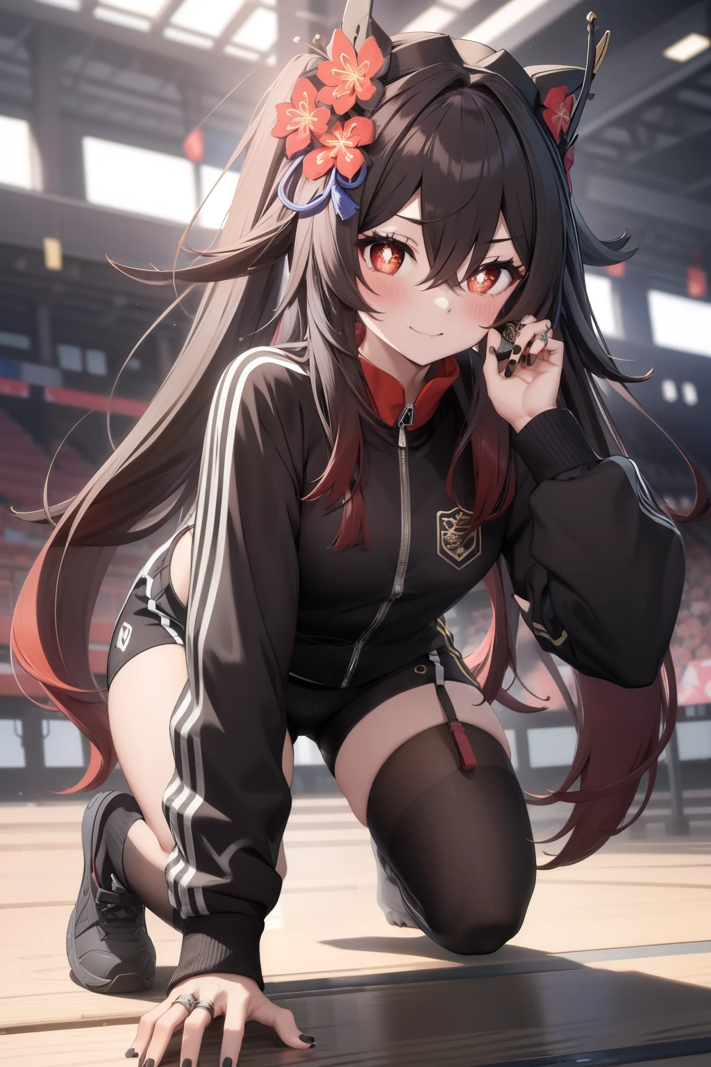 masterpiece, best quality, HuTaoV4, 1 girl, alone, looking at the audience, Symbol shaped pupils, flower shaped pupils, blush, Smile, shy, long sleeve, have, jewelry, flower, thigh, shorts, sock, nail polish, black headdress, sportswear, black shorts, ring, on all fours, black nails, have flower, flat chest