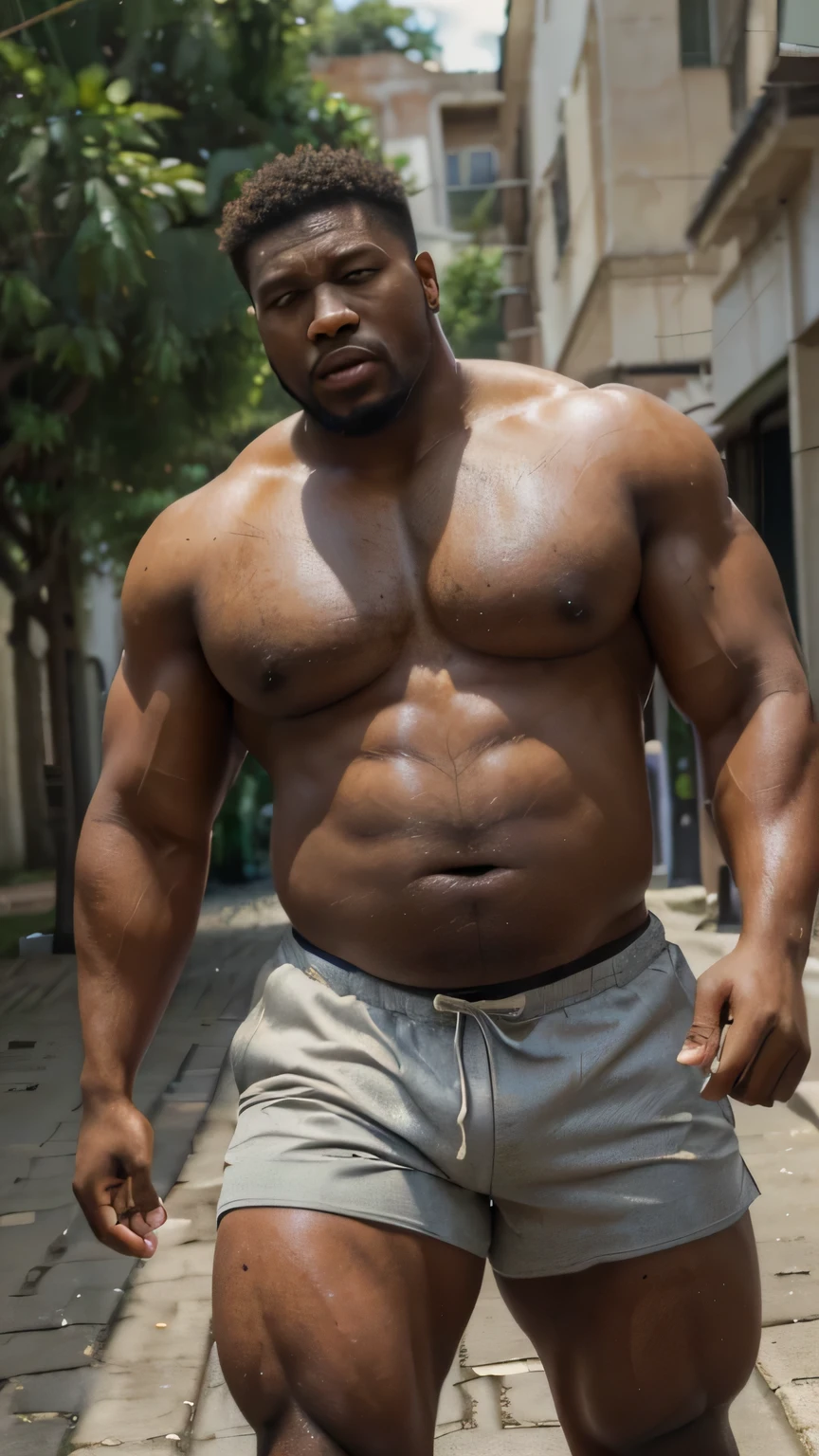 ((8k realistic), (8k resolution), ((masterpiece)), (Realistic, photorealistic, highest quality, picture) of ('okoro'; a huge muscled man with big tummy, barechested and wearing only shorts); (beating 'amadi'; a slim man), in the streets)
