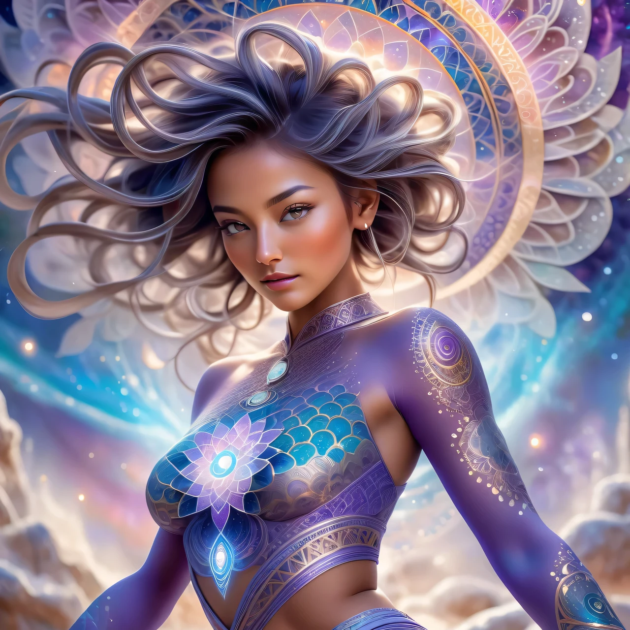 (best quality,ultra-detailed,realistic:1.5),1woman,jpn-girl,action shot,(dynamic pose:1.6),(standing on a magical crystal:1.4), (activating third eye),Ajna chakra activation,Sixth chakra,a diamond-like lotus of two petals,fractals,psychedelic,special effects,pale purple hues,mandala, The woman is wearing layered highly detailed clothes with zentangle patterns, spiritual vision,divine connection,consciousness expansion,serene atmosphere,cosmic dance,subtle energy,pure bliss,(extremely exotic nature background:1.37),divine light,enhanced perception,elevated consciousness,inner transformation,divine guidance,beautiful intricate patterns,pure positive energy,spiritual awakening,depth of meditation,vibrant aura,transcendence into higher realms, art by mooncryptowow, sacred geometry,synchronicity with the universe,inner harmony,sacred vibrations,universal knowledge,sense of oneness,limitless possibilities,expanded awareness,lucid dreamlike state.