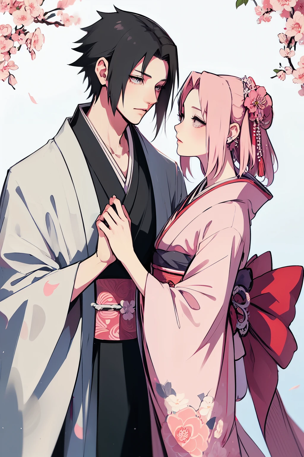 Sasusaku. Sasuke, the tall, handsome man with chiseled features, piercing black eyes, and black hair. He's wearing a kimono, he's a prince. The woman is sakura, equally stunning with soft features and delicate features, her hair is short and pink that falls elegantly around her face, adding to her romantic and dreamy appearance. She is wearing a kimono. The couple is in a ceremony at a temple. hands down.