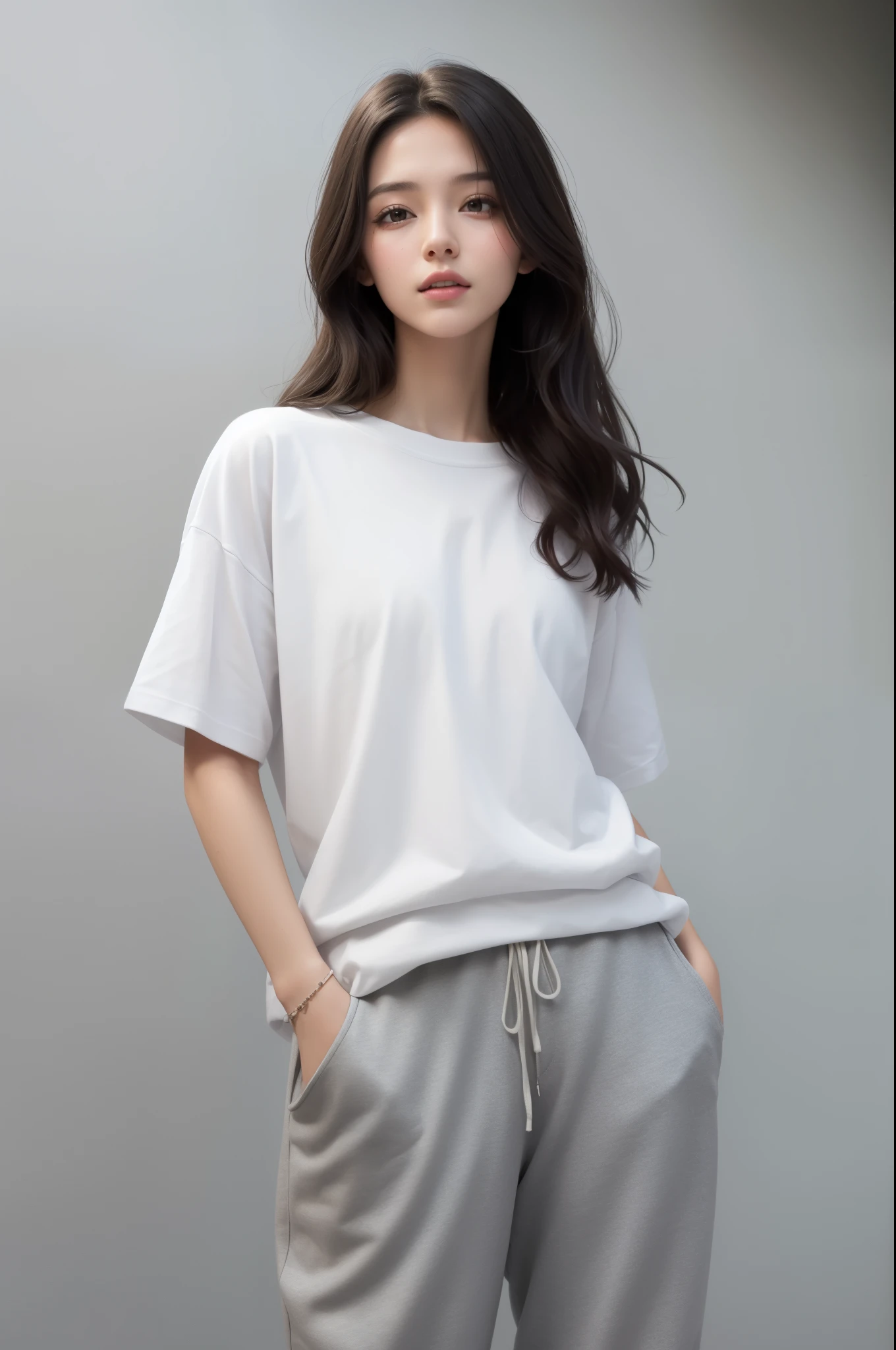 girl wearing a T-shirt, full covered, baggy, white shirt, t-shirt, pretty girl, medium breasts, beautiful, model, hot face, background flat, flat color, Gray Background, full pants, sweatpants, sweatshirts, baggy clothes
