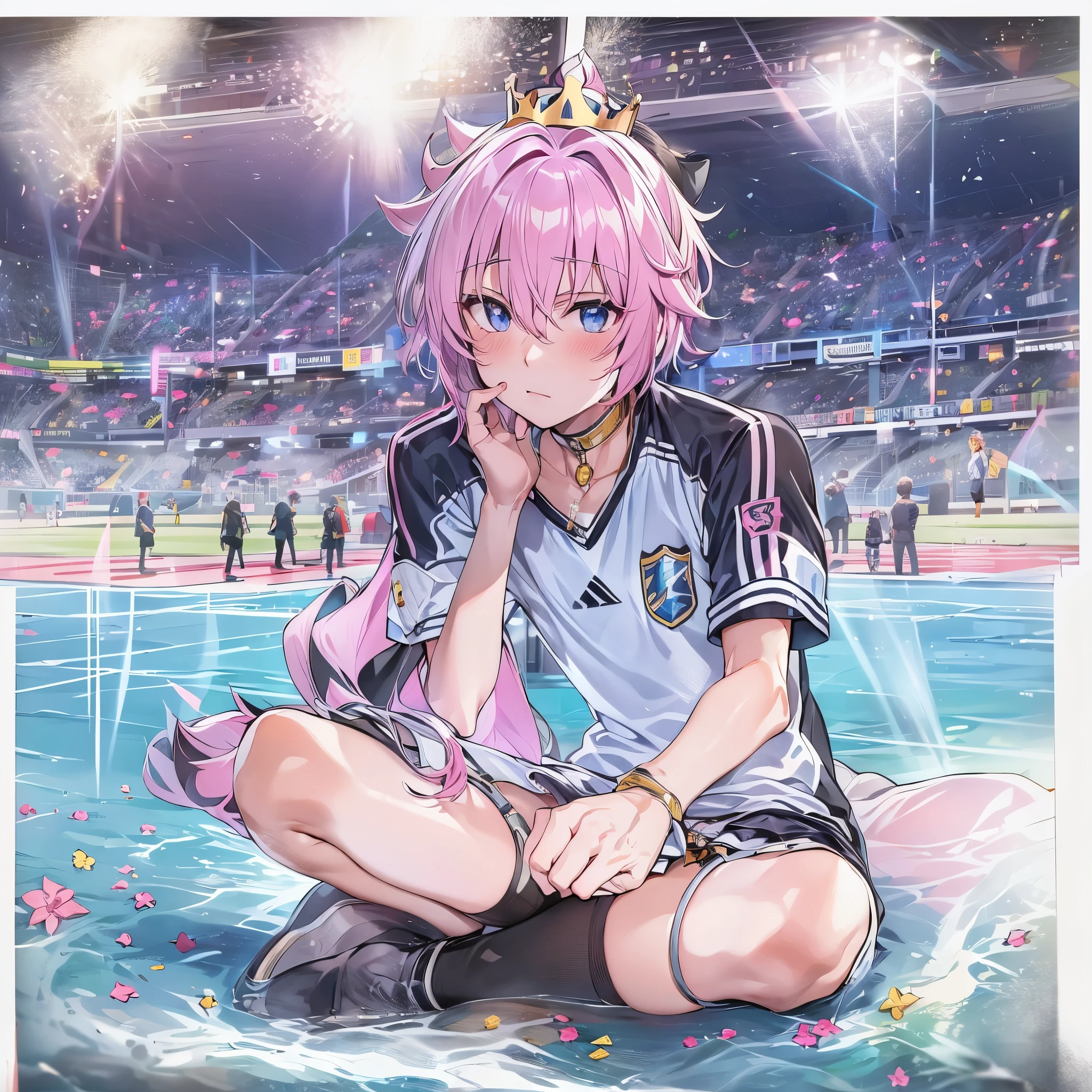 (1boy, masculino),uniforme de futebol, aquamarine eyes, Campo de futebol, astolfo fate short hair, crown over the head