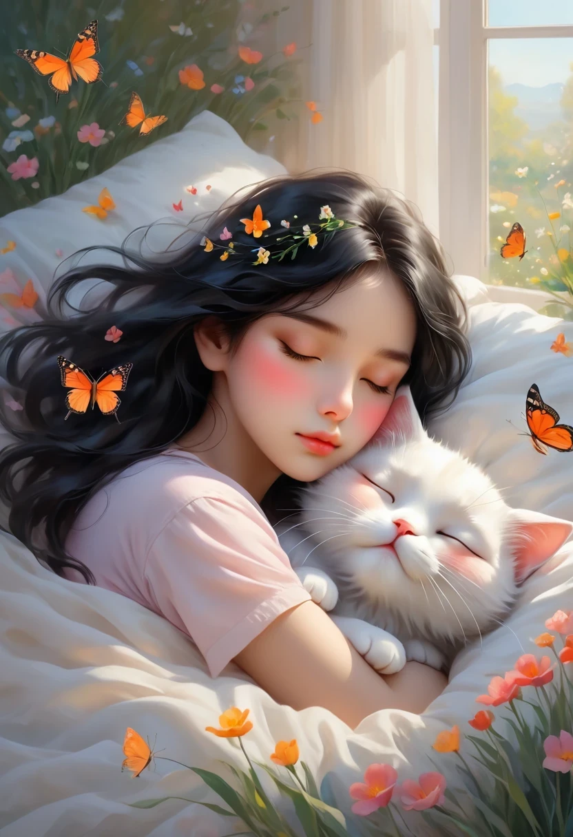 (best quality,4K,8K,HD,masterpiece:1.2),super detailed,actual:1.37,illustration,Inspiration for Studio Ghibli,Bed play,(girl,black hair,Lazily nuzzling a lazy cat with closed eyes in the morning),Lazy,charming,delicate eyes,(Highlighting the Expression of the girl's Fleshy Meticulous Little Lips),they hesitate,try to sleep,the essence of spring,butterflies flying spring flowers, spring tree, spring flowers, bright colors, warm sunlight, soft light, cozy atmosphere, energetic, young.