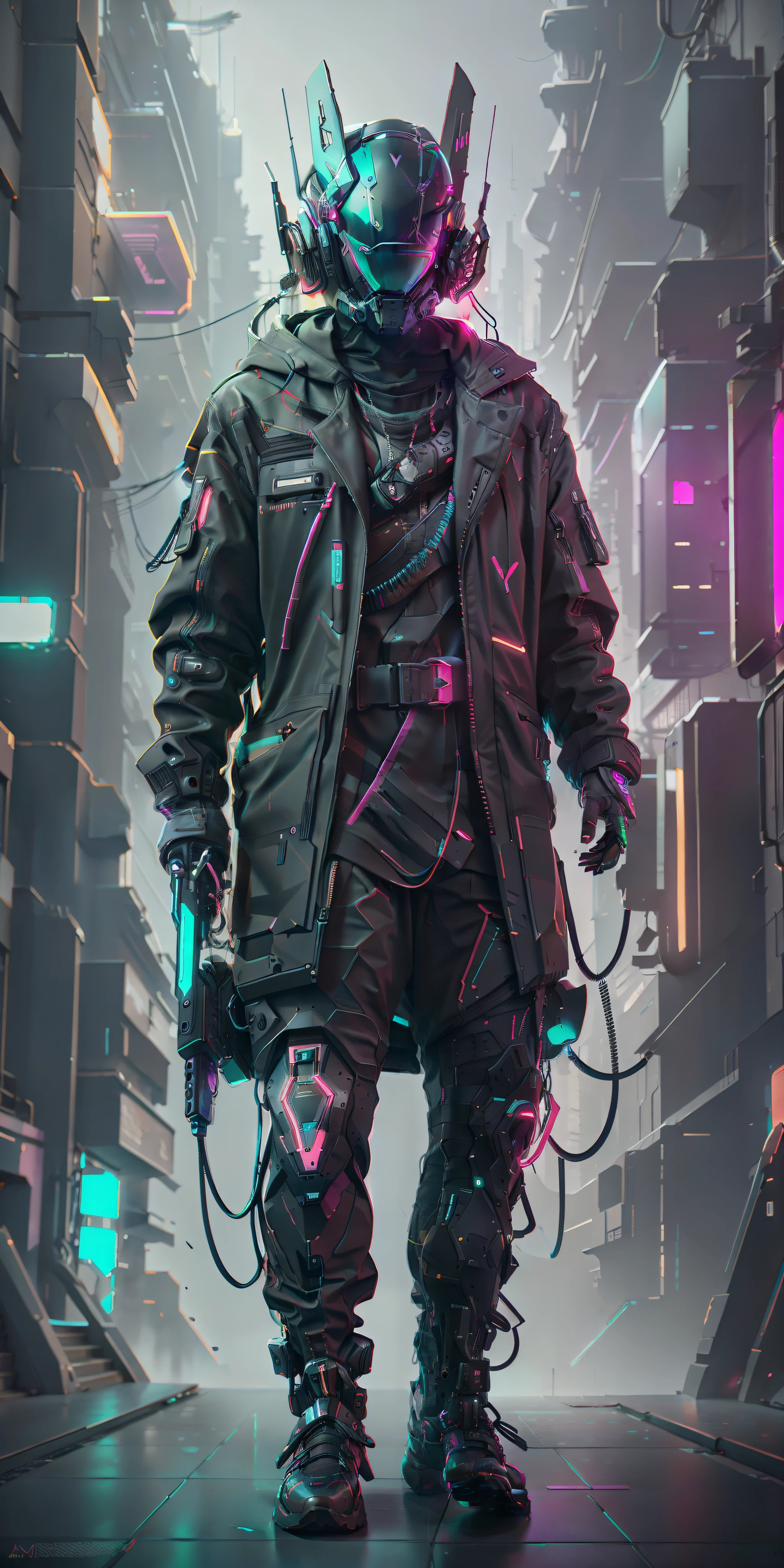 (obra maestra, tiro de cuerpo completo, Intricate raw photography)cyberpunk citizen with oversized tech clothing, usando un casco negro estilo astro daftpunk, neon light details, intrincate, futuristic, nitidez, ramdom pose, ciudad ciberpunk, neon street lights, Insta un poco, photo of the year, renderizado de octanaje, sustancia, maya 3d, cine4D, Tendencias de ArtStation, Tendencias del arte desviado,