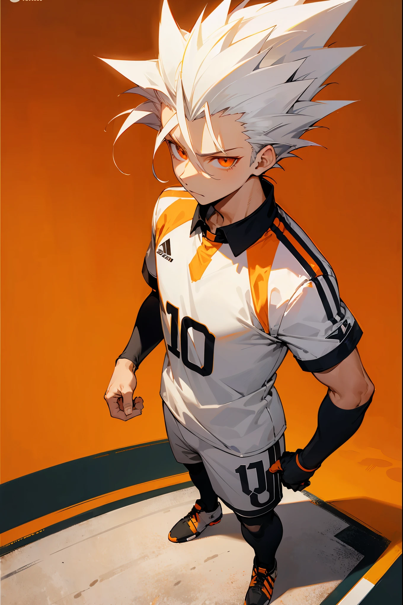 1male, spiked hair, orange eyes, white hair, soccer jersey, soccer field background, detailed background, standing on path