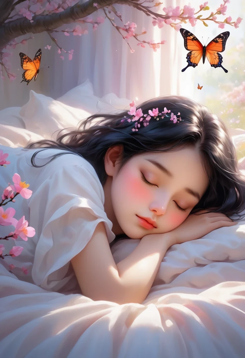 (Best Quality,4K,8K,HD,Masterpiece:1.2),Super Detailed,Realistic:1.37,Illustration,Studio Ghibli Inspired,Bed Scene,(Girl in Coffee,A Lazy in Sleeping Garfield),Spring Morning,Lazy,Cute,Detailed Eyes,Black Hair,(Highlighted Expression of the Girl's Fleshy Detailed Little Lips),Reluctant,,The Essence of Spring,Butterflies Flying... Pink flowers pajamas, spring flower trees, spring flowers, bright colors, warm sunshine, soft lighting, comfortable atmosphere, vibrant, youthful.