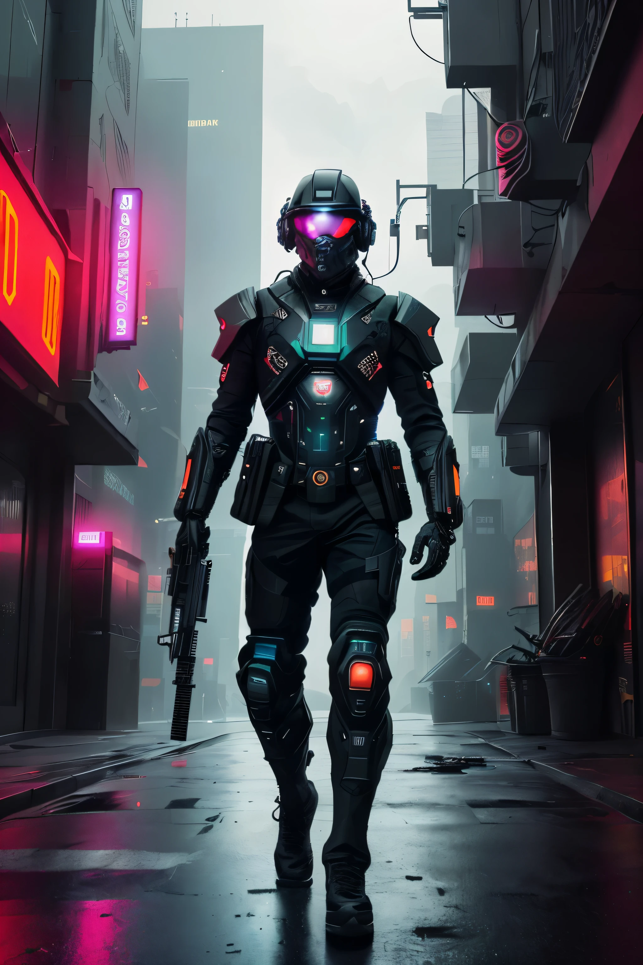 Foto de un soldado Cyberpunk, en medio de un tiroteo, clad in complejo black hi-tech armor, futurista e intrincado, traje de combate negro, vistiendo un oscuro, casco de estilo avanzado. The soldier&#39;s expression is intense and focused.. Garantizar una imagen de alta calidad llena de detalles., capturando la esencia de un soldado Cyberpunk, muy detallado: 8k hd, 30 MP, Sony alpha a1, 24-70mm, F/4, raw photography, complejo, Filmic, dramatic, con profundidad en luces y sombras, cinematographic, nitidez, paisaje urbano ciberpunk, Neon lit streets