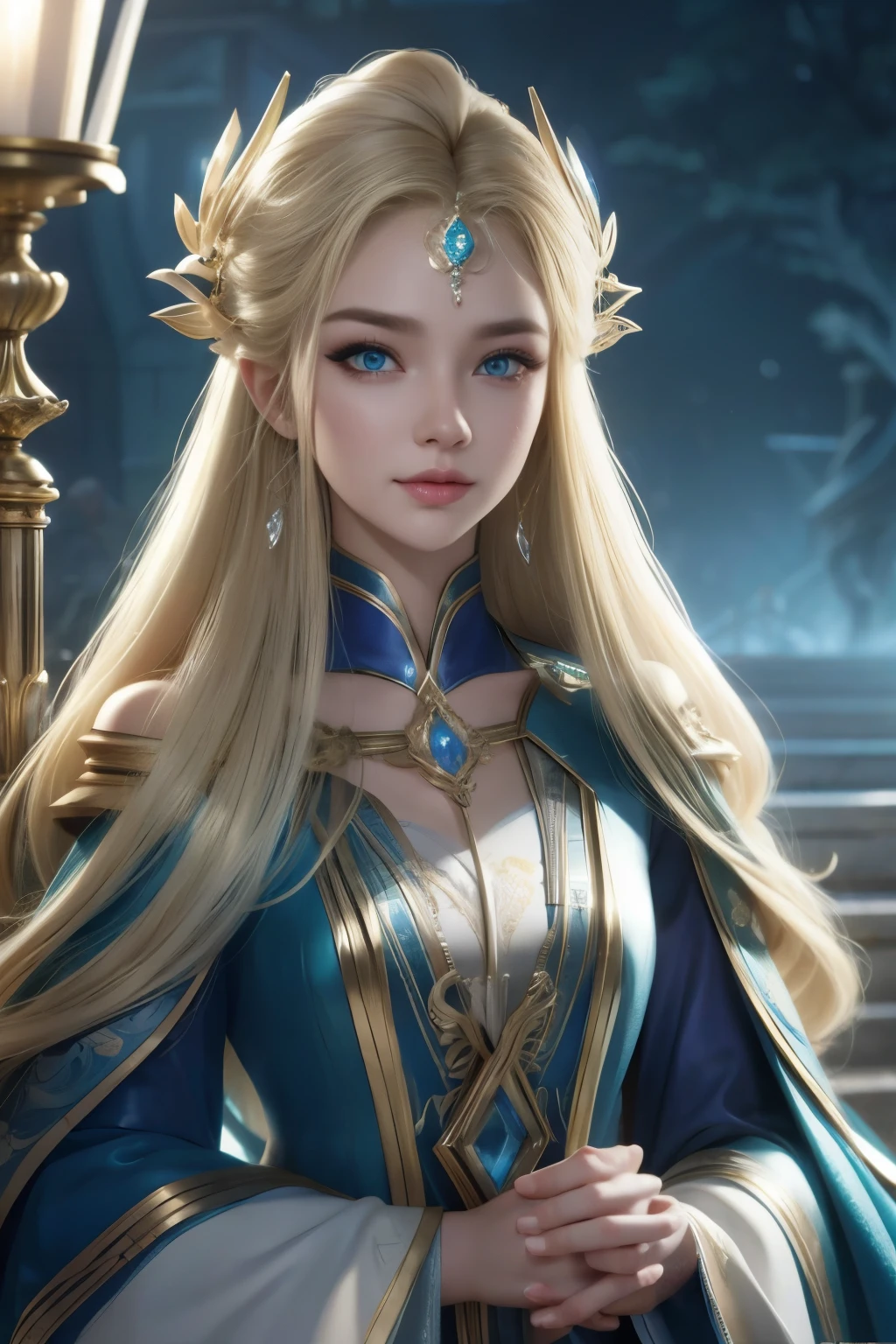 (extremely detailed CG unity 8k wallpaper,masterpiece, best quality, ultra-detailed),(best illumination, best shadow, an extremely delicate and beautiful),floating,high saturation,blonde hair+blue eyes:1.2,gloomy gothic scenery, long hair, gaze into the distance. (A beautiful girl with long blonde hair and blue eyes sparkling gothic lighting)