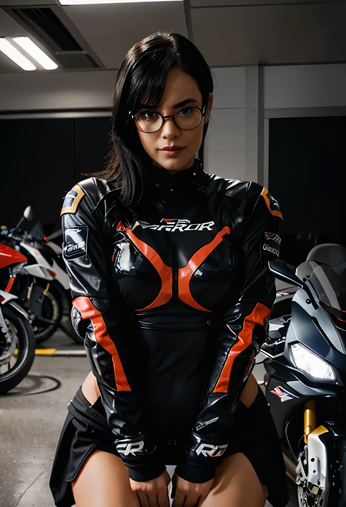 nerdy, glasses, black hair, American, medium breasts, seductive, sitting on a 2014 cbr1000rrSP,  motorcycle lights on, 