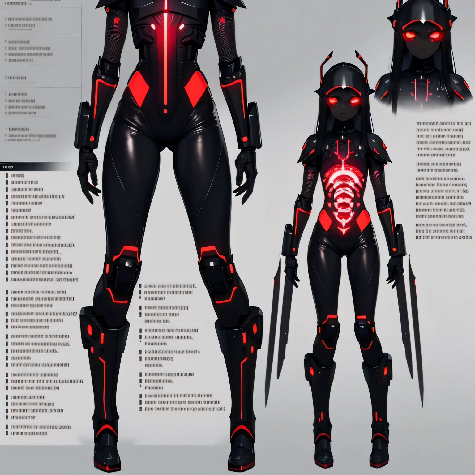 ((character sheet list)), (concept arts), knee length portrait, gloomy biopunk demon girl, dark skin, (dark black skin), (red visor), long smooth hair, gray noise colour hair, open shoulders, meat helmet, membrane plates, (biopunk setting), black oil liquids, bones and eyes, circles and cubes, cold lights, highly detailed, extremely detailed