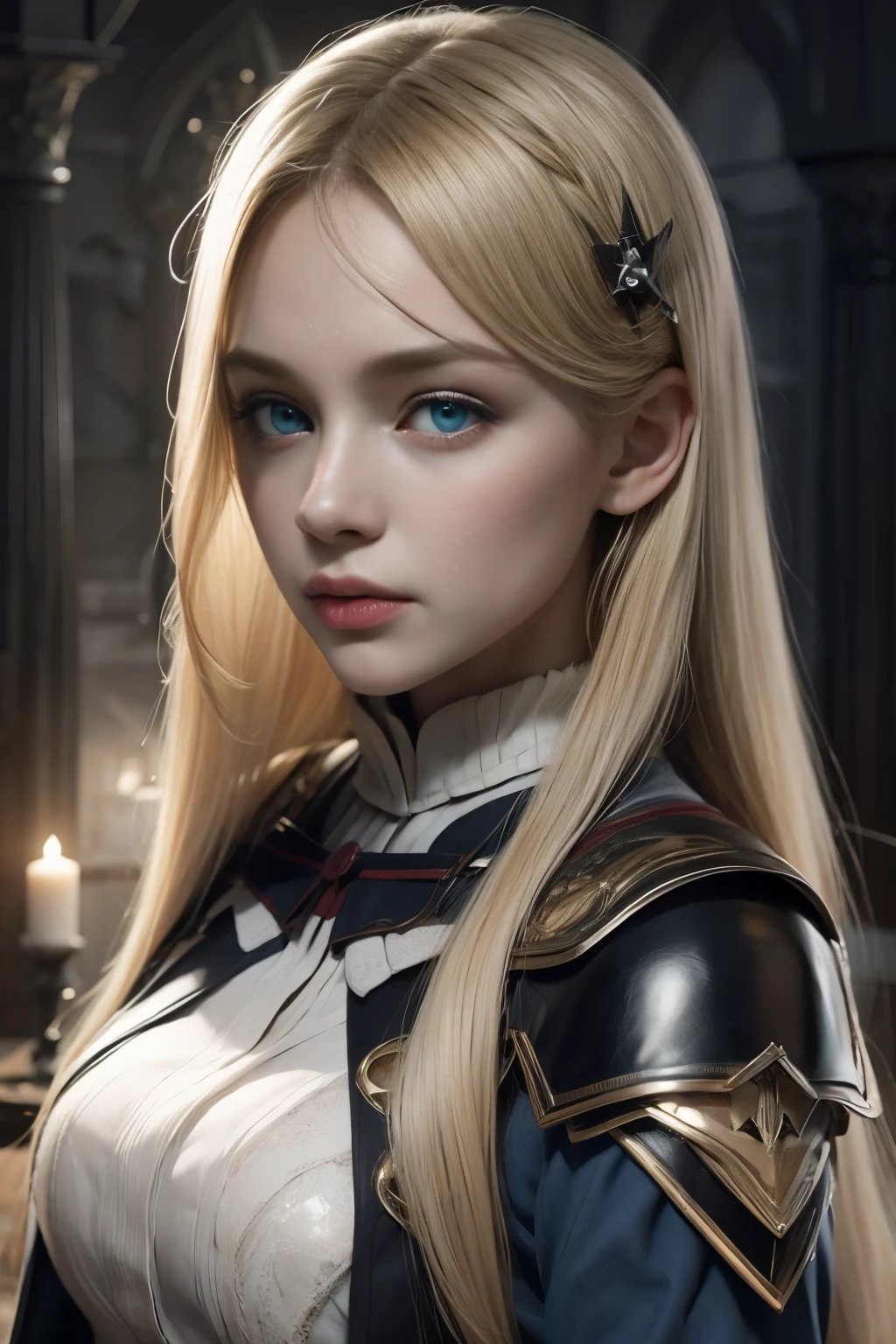 (extremely detailed CG unity 8k wallpaper,masterpiece, best quality, ultra-detailed),(best illumination, best shadow, an extremely delicate and beautiful),floating,high saturation,blonde hair+blue eyes:1.2,gloomy gothic scenery, long hair, gaze into the distance. (A beautiful girl with long blonde hair and blue eyes sparkling gothic lighting)