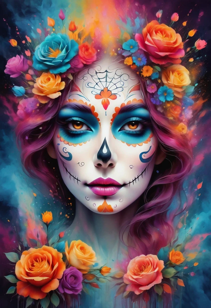 Day of the Dead depiction on female face in psychedelic style, Magnificent and detailed. There are tons of textures and explosions of multiple colored powders in the background