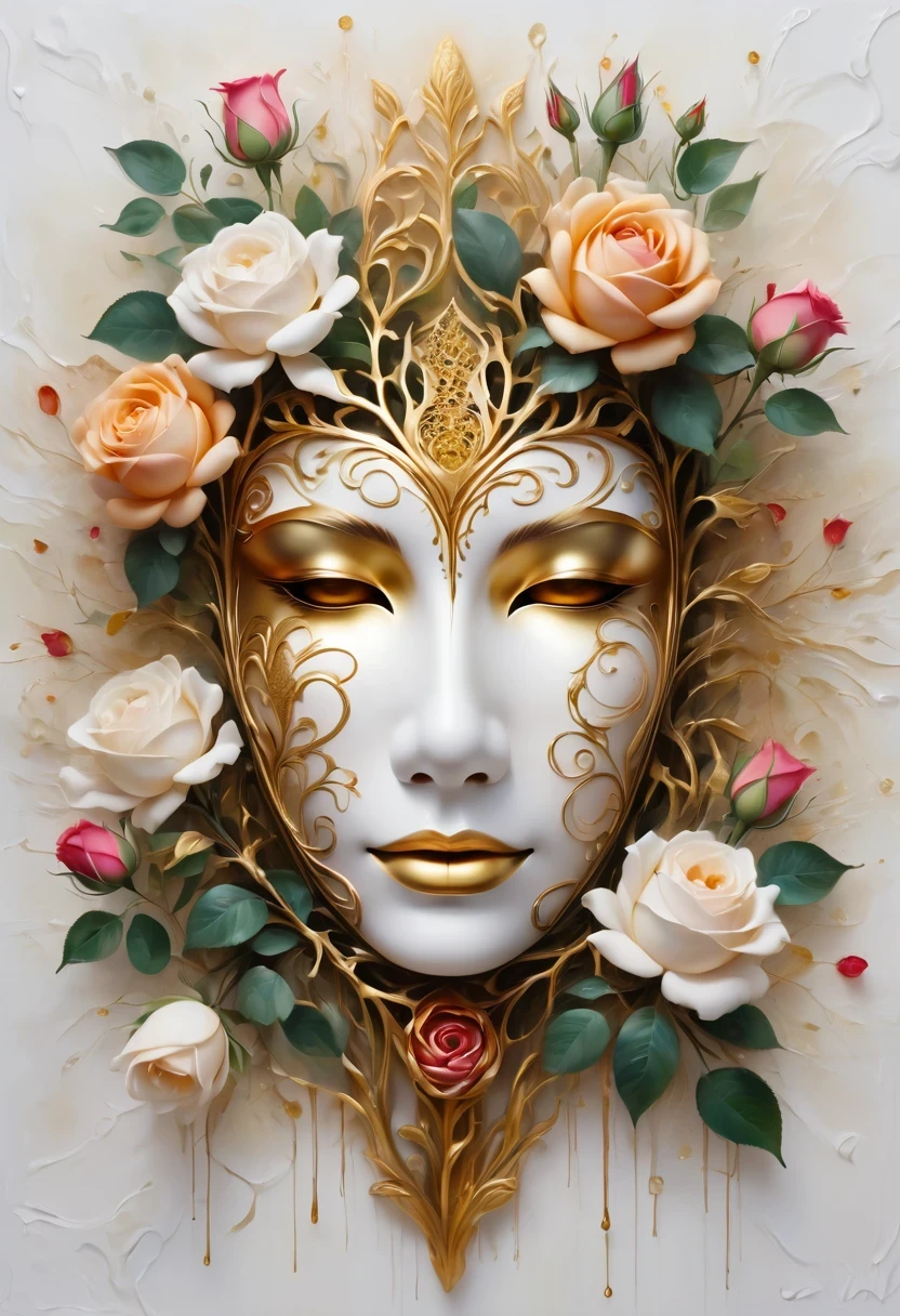 (best quality,4K,masterpiece:1.2),super detailed,lifelike:1.37,beautiful symmetrical mask,Apply with thick brush strokes and wet paint, Proportions of gold, melted wax |, visible strokes, rose symmetry mask,White mask surrounded by roses, Mosaic wireframe 3d, neuroimaging, Neurons, tree of Life, rape, like, enthusiasm, oil painting on canvas, thick strokes, Very detailed, 8K Ultra HD, masterpiece, art station, surreal,symmetry art