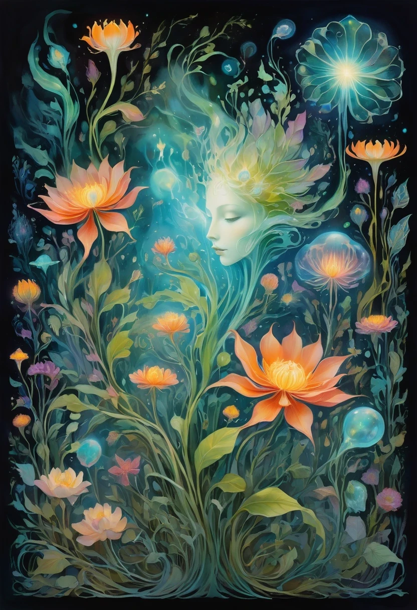 Magical plants from the abyss, Ghost Flower,Images of a fascinated witch encountering alien life forms, Illumination of bioluminescent plants, The content is very detailed, Surreal, 10k high resolution, gouache style, graffiti art, Glaslorne, Influenced by Art Nouveau, given, and future, The Art of Lunar Encryption Wow,