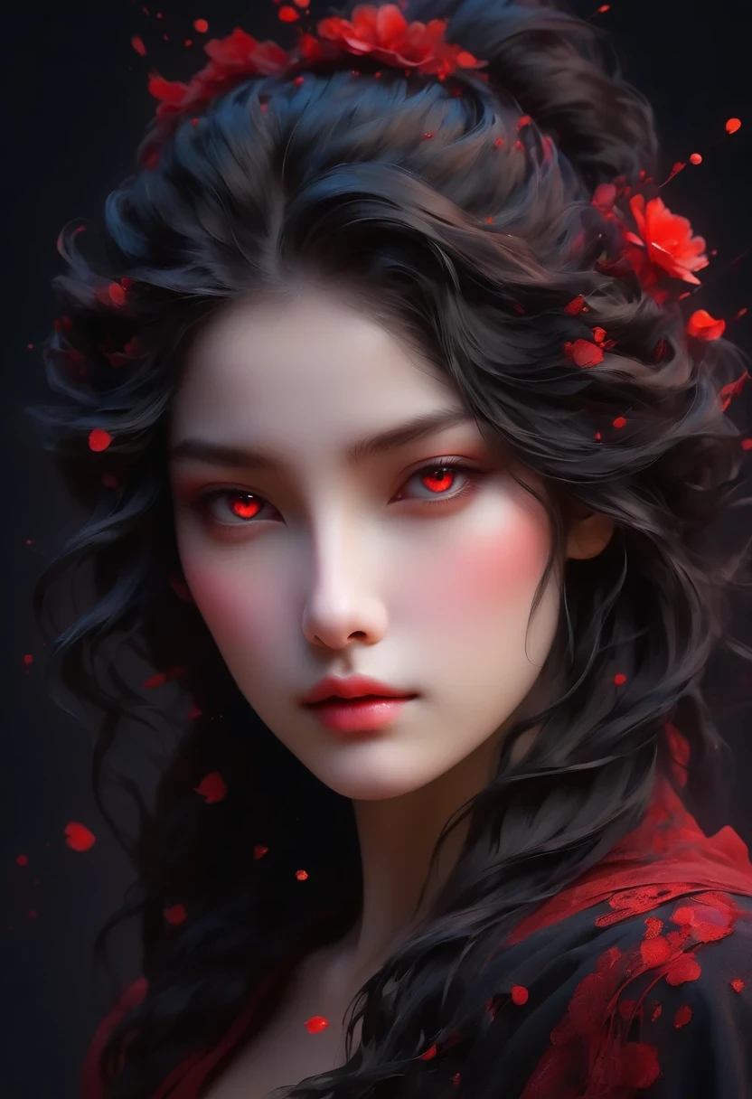 (masterpiece, best quality, Super detailed, best shadow), (Detailed background,dark fantasy), (Beautiful and delicate face), high contrast, (best lighting, extremely delicate and beautiful), ((film light)), rich and colorful, Ultra-detailed, dramatic light, intricate details, (1 girl, alone,black hair, Pointed face,low ponytail,Red eyes, hair between eyes,Dynamic angle), blood spatter, Black light swirling around the character, depth of field,black light particles roken ggic round,