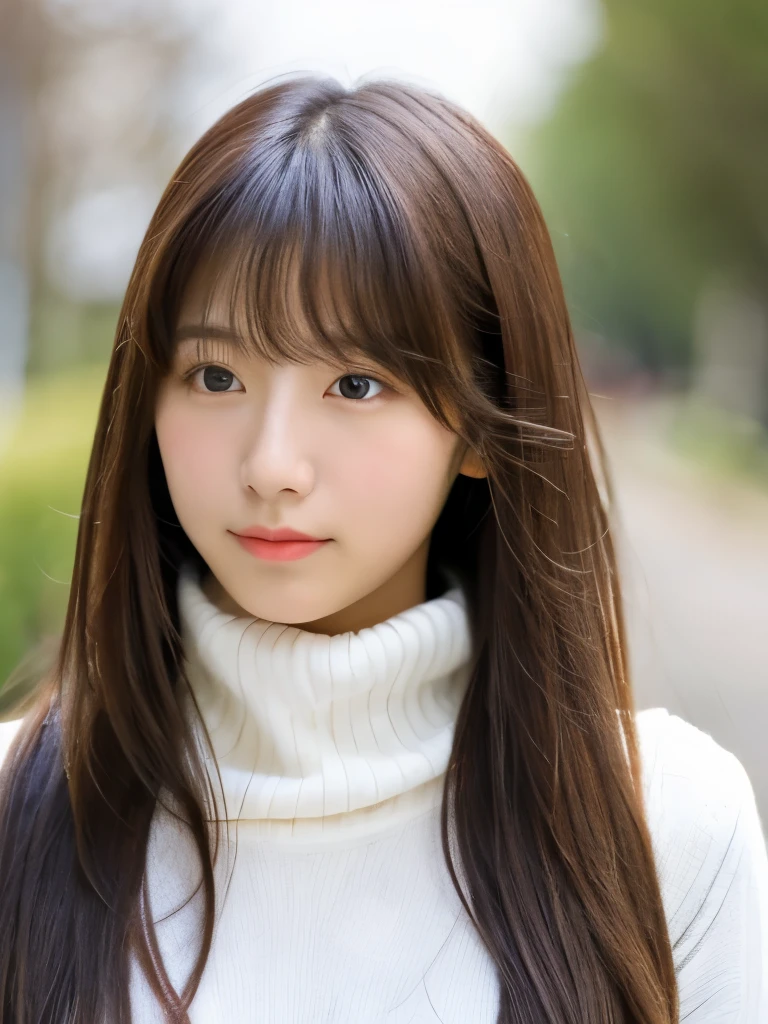 Girl, Cute, Beautiful, Long hair, Japanese, Korean, 17 years old, Front view, Cute pose, Sexy, White turtleneck, Bangs, Front view, From a distance, Fluffy, fluffy hair, slightly curled so that the whole body can be seen, Cute, Fair-skinned, Far, Front view