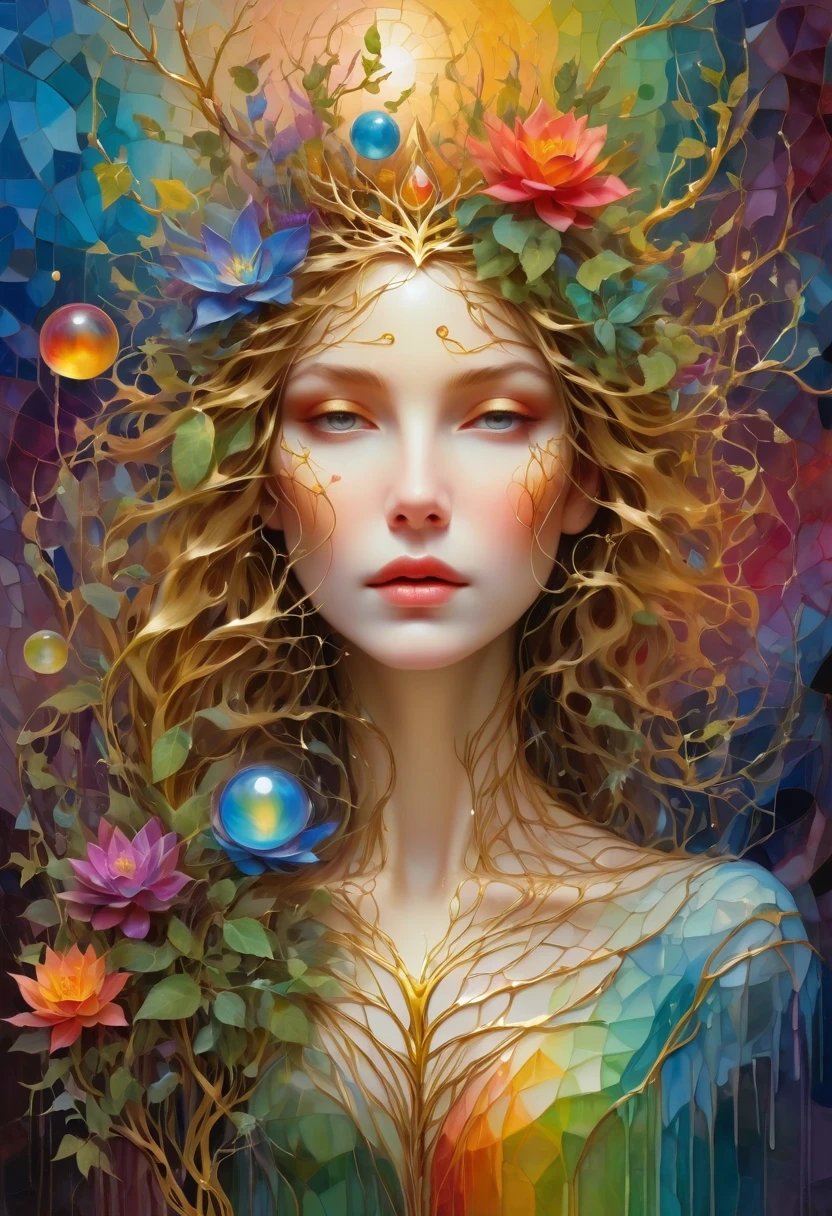 plant girl,Vine Princess,Witch of Thorns,Beautiful line art photo,Use gold strokes and rainbow paint,golden virgin,golden ratio,melted wax,Visible strokes,surrounded by crystal ball,3D Mosaic Wireframe,neuroimaging,Neurons,tree of Life,color,California,Passion,oil painting on canvas,thick strokes,Crazy details,8K Ultra HD,masterpiece,art station,Surrealism,plant witch,Vine Queen,Witch of Thorns