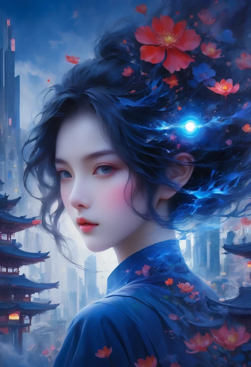 (masterpiece:1.3), (best movie quality:1.2), (Extremely detailed settings:2), (soft of+artistic lighting), (1 girl), short blue haired of, (Eye+of+red of:1.4), (multicolored of Eye+heterochromia), Wearing cyberpunk clothes, futuristic, Technical of, cityscape with (around of)0.4], Give drama to the scenery.