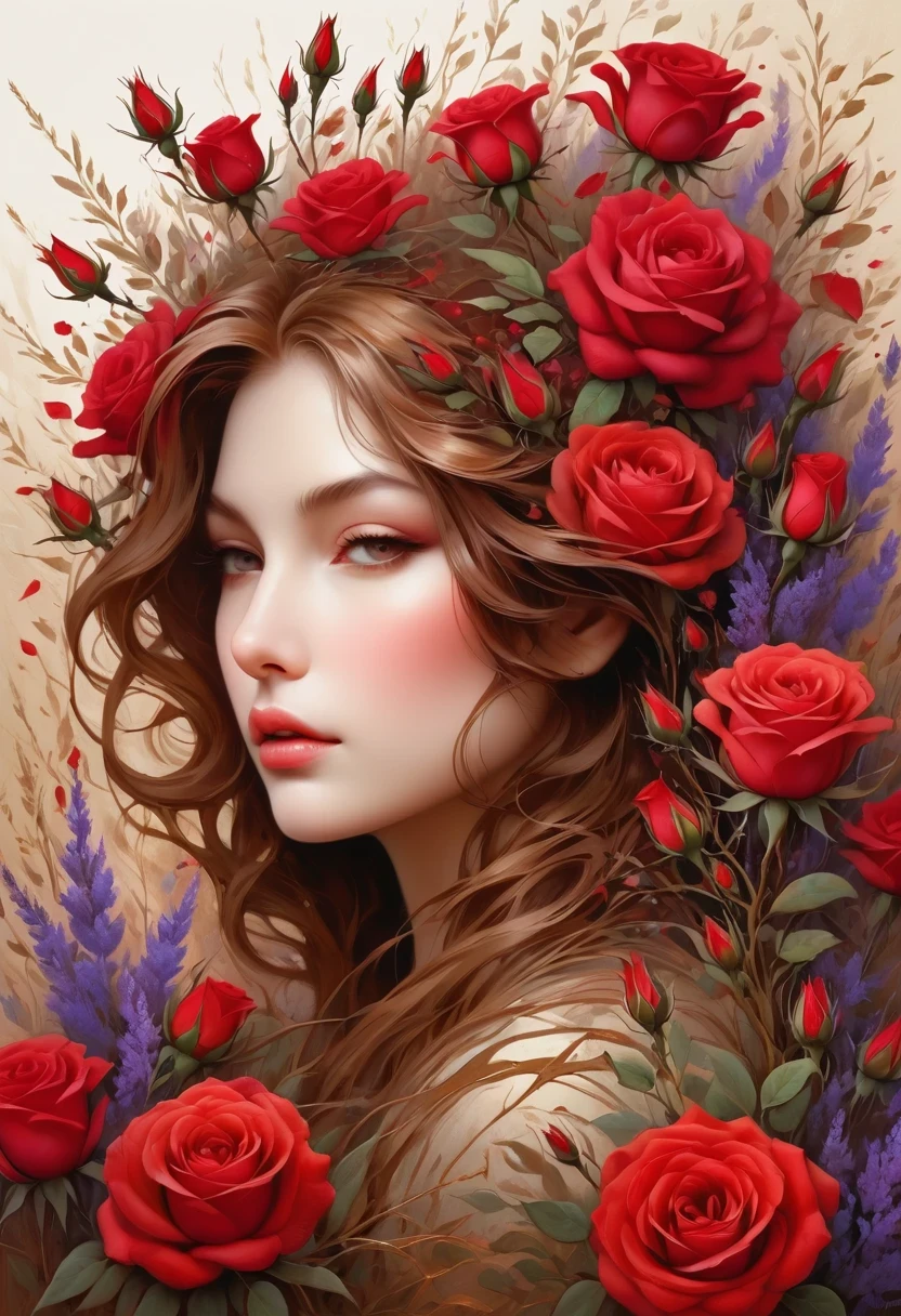 (masterpiece, top quality, best quality, official art, Beautiful and beautiful:1.2), amazing art, Abstract, flowery, center, complex, Very detailed, stunning beauty, precise lineart, energetic, Comprehensive, cinematic, Deep shadows, Brown heather with thorns and red roses