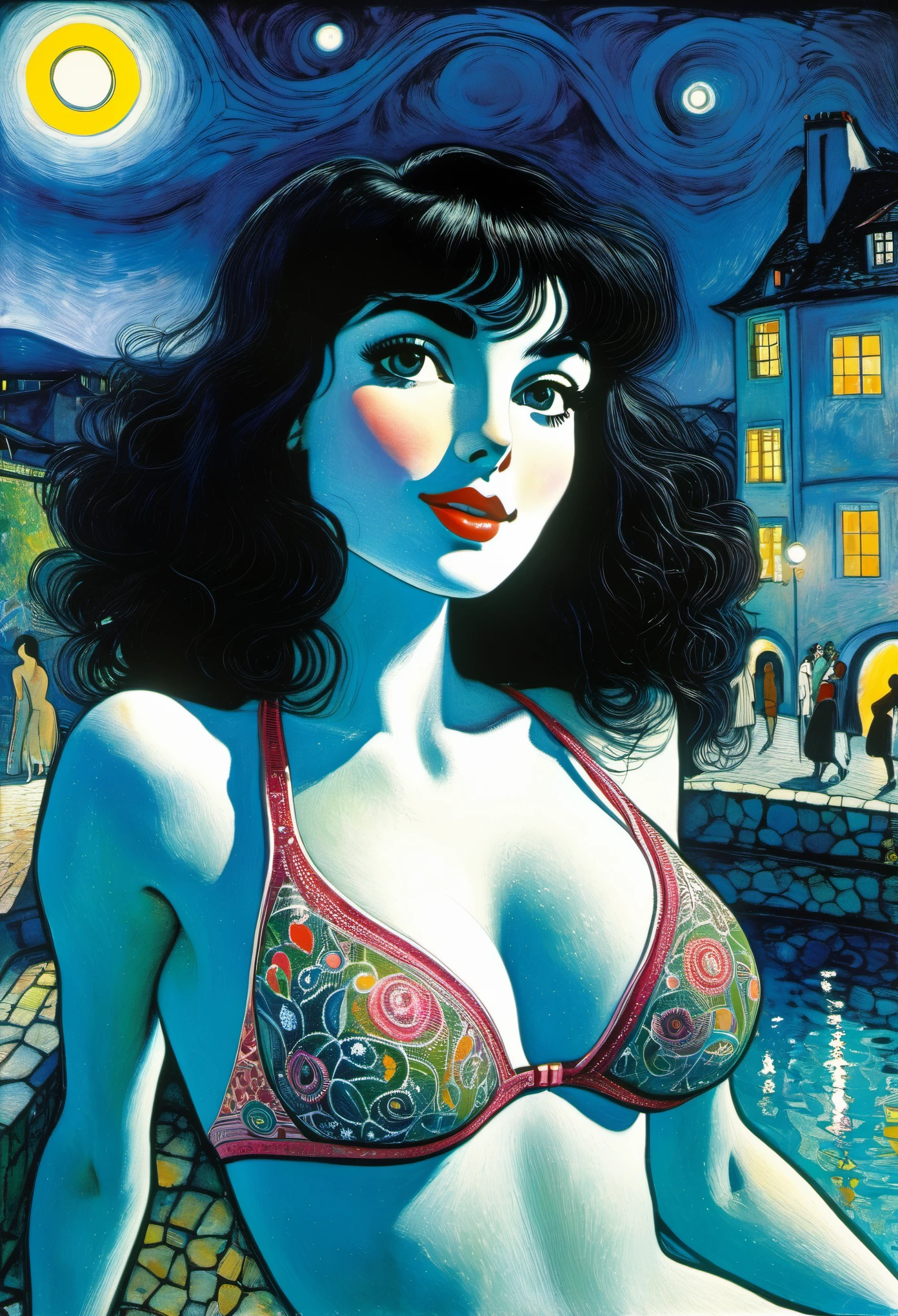 1girl, intricate details, beautiful detailed face, (minimum micro bikini:1.2), see-through, looking at viewer, night pool, blush, open mouth, black hair, medium hair, blunt bangs, happy, standing((Marc Chagall style)), magic naive art, primitivism, protogen, ((best quality, Masterpiece)), ((Highest detail)), RAW:1,1, 8k