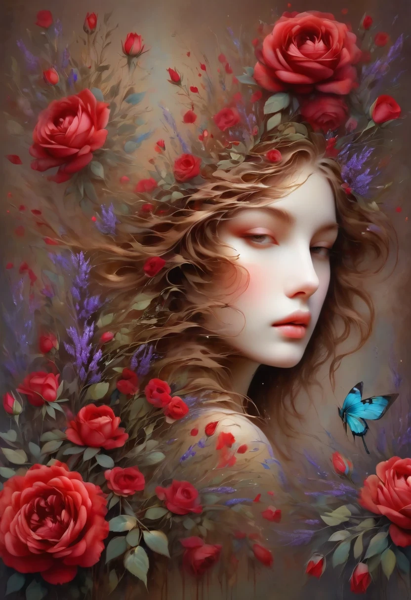 (masterpiece, top quality, best quality, official art, Beautiful and beautiful:1.2), amazing art, Abstract, flowery, center, complex, Very detailed, stunning beauty, precise lineart, energetic, Comprehensive, cinematic, Deep shadows, Brown heather with thorns and red roses