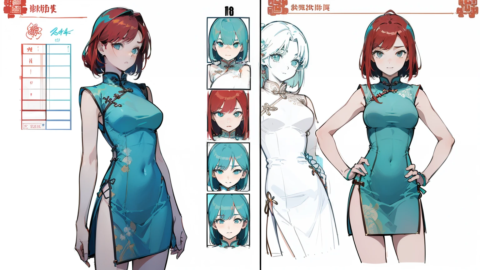 ((highest quality)), ((masterpiece)), ((realistic)) 19 years old, redhead girl, shoulder length hair, relaxed and happy face ((thin)) (Big breasts), ((( Chinese dress turquoise blue short dress))) (((mini skirt))) ((sexy dress)) Odango hairstyle (((detailed character sheet, Front view, Side view, 3/4 view))) (((white background))) 6 and a half whole bodies
