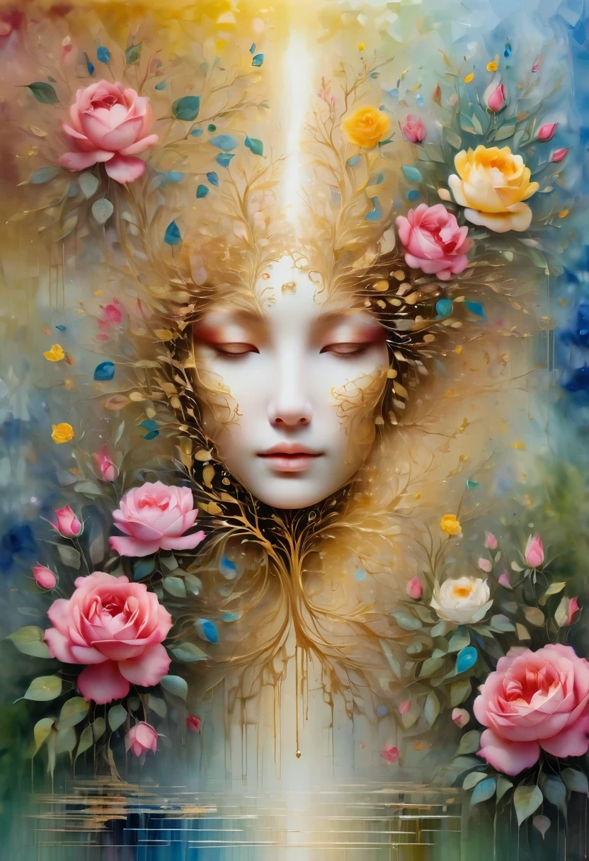 (best quality,4K,masterpiece:1.2),super detailed,lifelike:1.37,beautiful symmetrical photos,Apply with thick brush strokes and wet paint, Proportions of gold, melted wax |, visible strokes, portrait among rose bushes,surrounded by crystal ball, Mosaic wireframe 3d, neuroimaging, Neurons, tree of Life, rape, like, enthusiasm, oil painting on canvas, thick strokes, Very detailed, 8K Ultra HD, masterpiece, art station, surreal