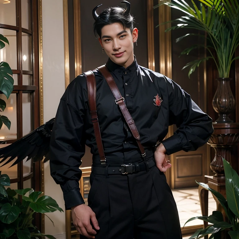 Handsome male, red eyes, black hair, extra hair, horns, chest harness, black pants, black boots, piercings, plants, palace, wings, handsome, smile, soft features, ecstasy, flirty, big bulge in pants
