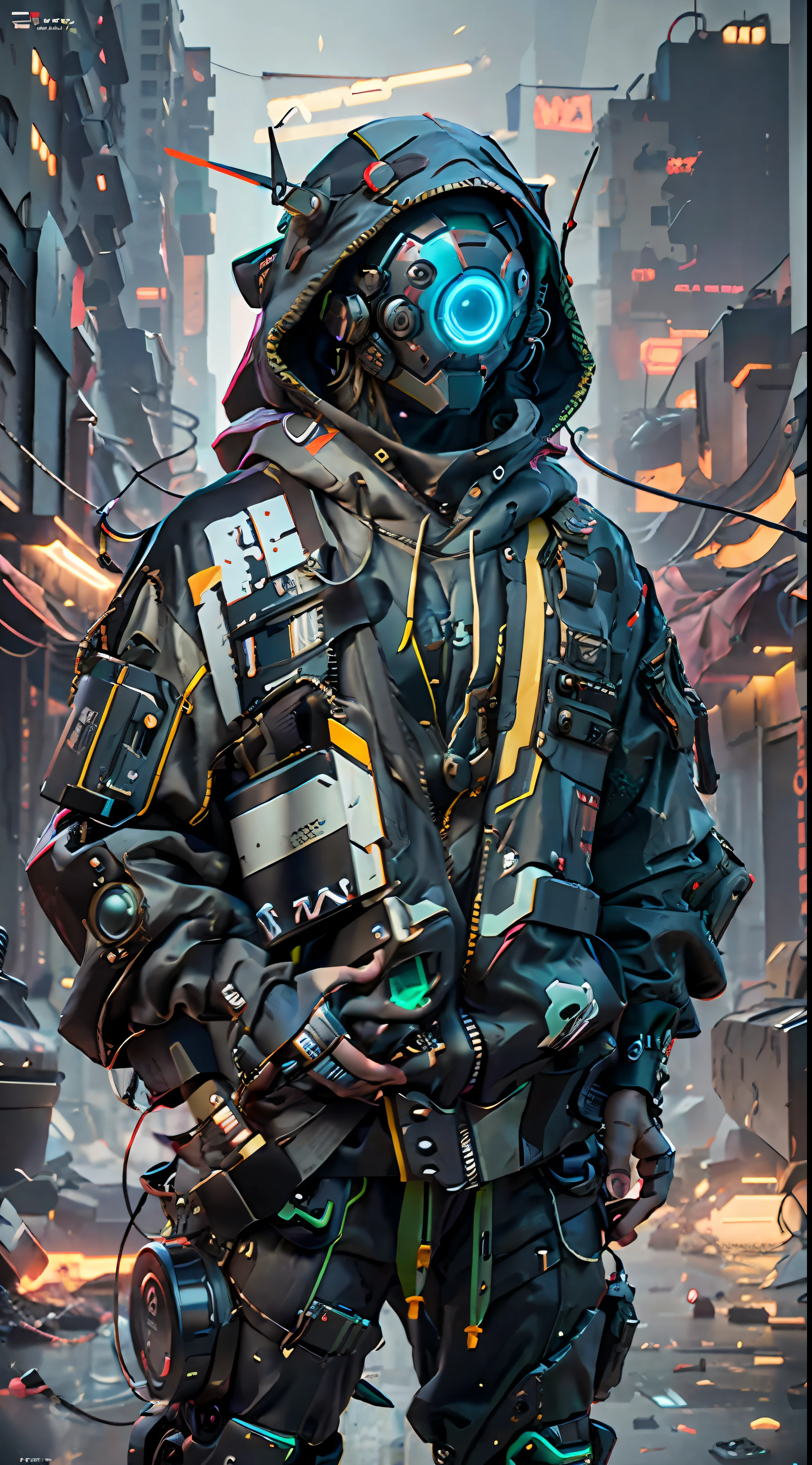 Una foto DSLR realista de un mecha vaquero, Llevar un traje negro y verde con una mochila. The costume is a mix of Asymmetrical Cyberpunk Streetwear and Oversized Cyberpunk style.. The character is in a dangerous, Ambiente callejero similar a un gueto. Es un soldado o mercenario cyberpunk futurista., with advanced technology including robotic arms and a cyber helmet with a HUD display. La ropa es toda negra y holgada, With hoodie hood over cyber helmet. The scene is illuminated with cinematic lighting and has a futuristic character, intimidating feeling. La imagen se representa en Octane, at 4K resolution, with Maya and Substance used in the creation process.